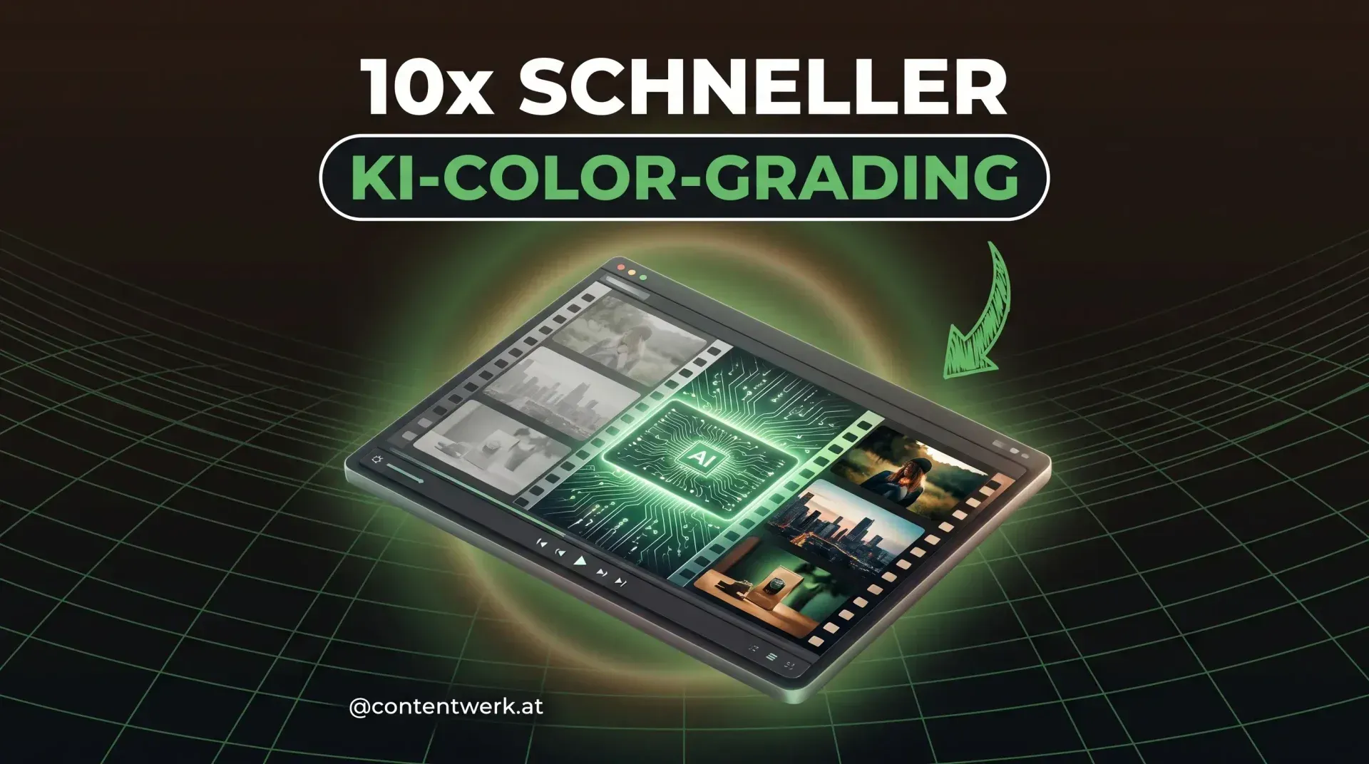 Imagen Video KI-Color-Grading Vorher-Nachher Filmstreifen mit AI Circuit Pattern Cover-Grafik