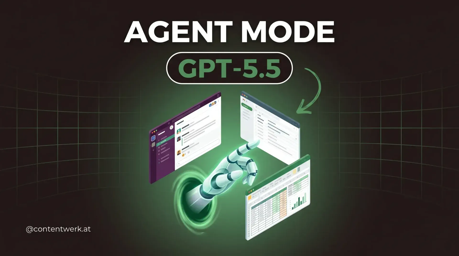 GPT-5.5 Agent Mode Roboter-Hand bedient Slack Gmail Tabelle gleichzeitig