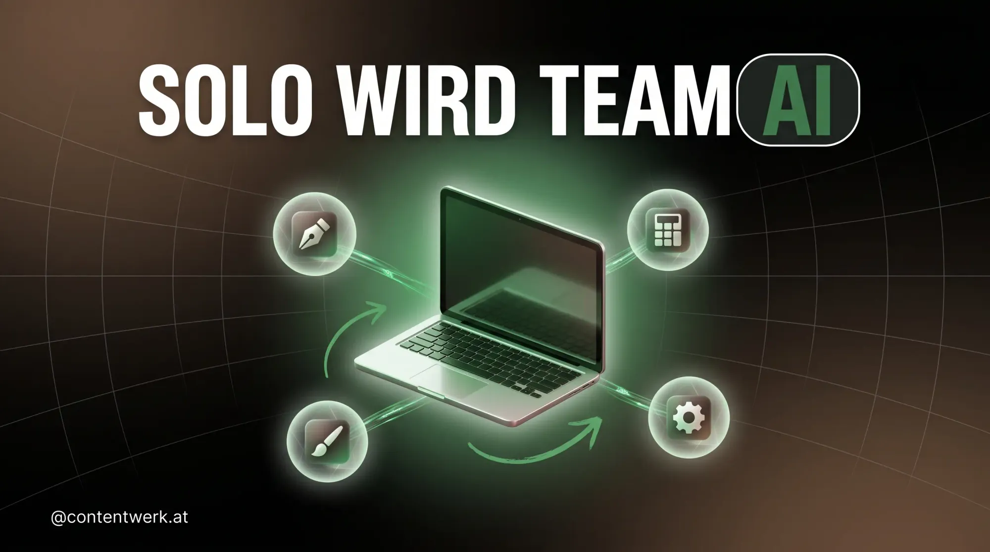 Solopreneur Laptop mit vier orbitierenden KI-Tool-Orbs als Team-Equivalent auf ContentWerk-Hintergrund