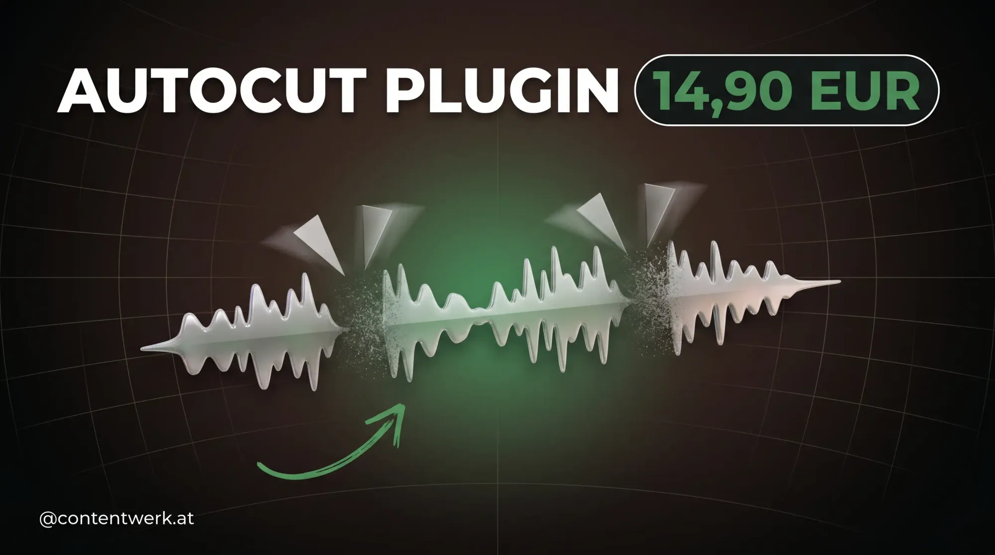 AutoCut Plugin Cover mit glossy Audio-Waveform und KI-Schere die Sprechpausen wegschneidet