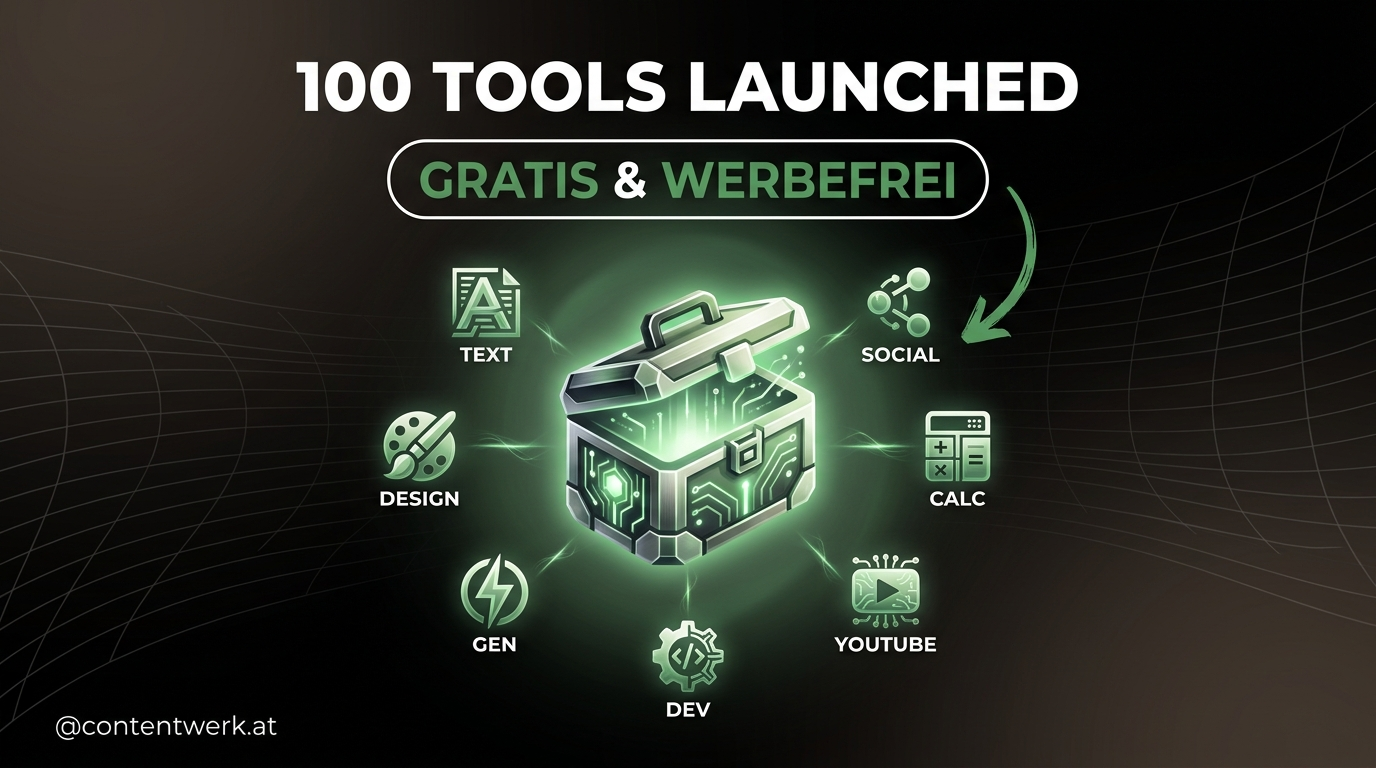 Glühende Toolbox mit 7 Tool-Kategorien — sharpdev.tools 100 Tools Launch, gratis und werbefrei