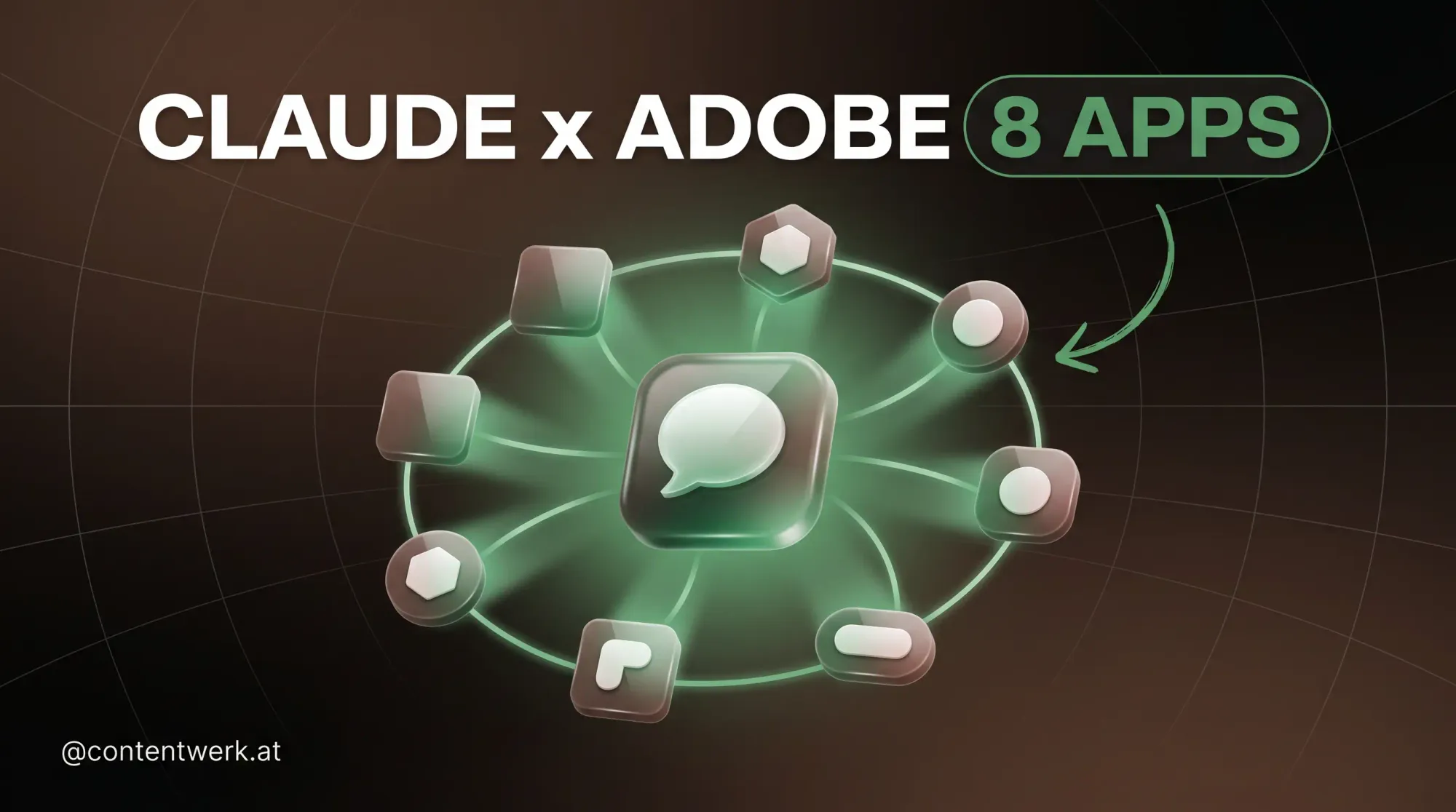 Claude x Adobe Cover mit Chat-Bubble und 8 orbitierenden App-Tiles fuer Premiere und Photoshop
