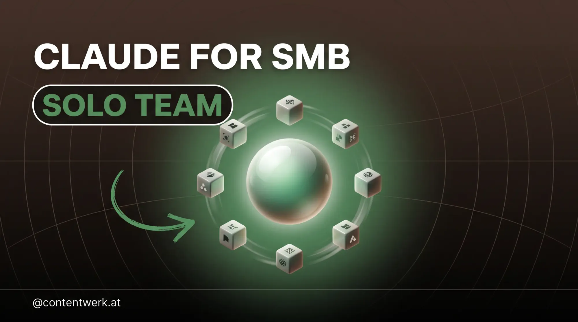 Claude for Small Business Cover mit orbitierenden Tool-Wuerfeln um zentrale KI-Sphaere fuer Solos auf ContentWerk-Hintergrund