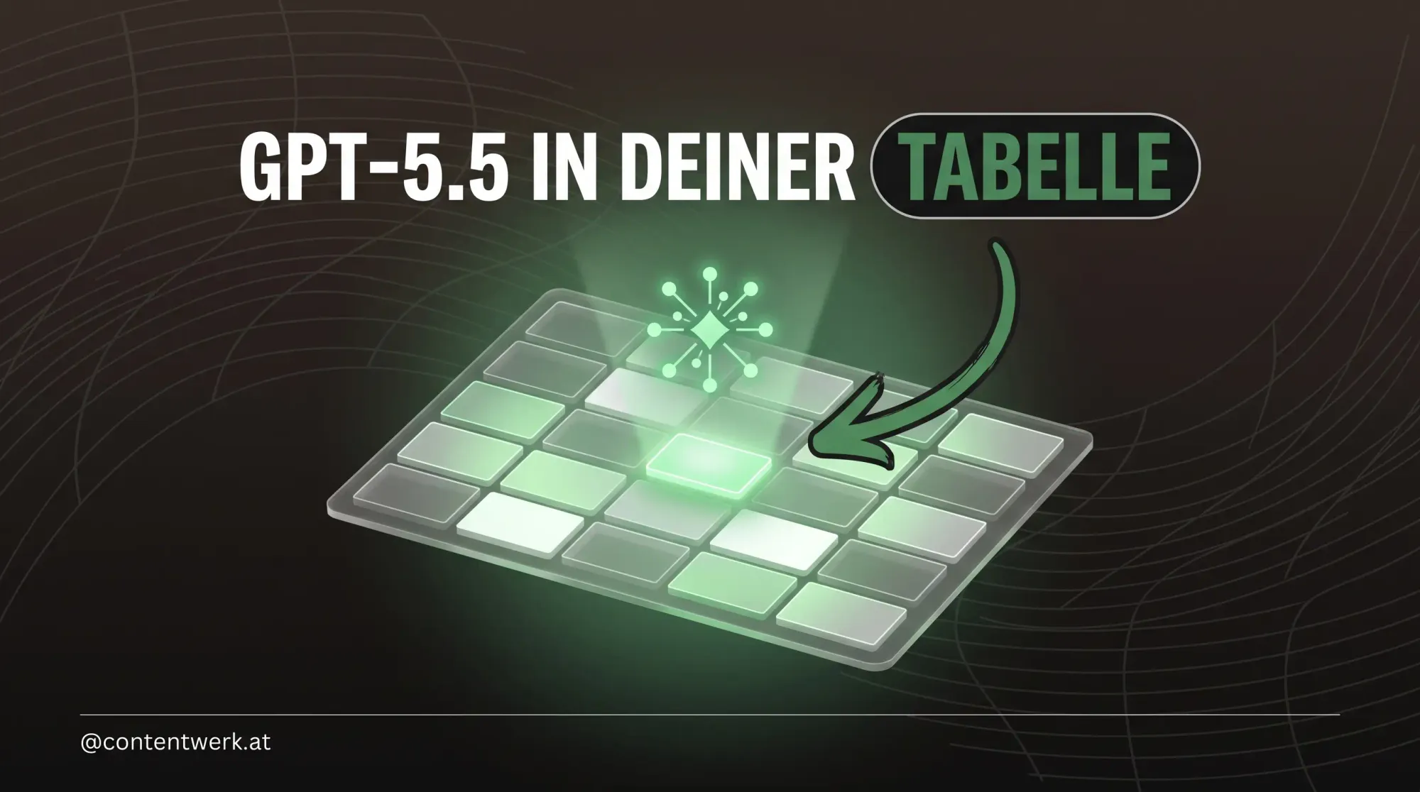 Schwebende Tabelle mit leuchtender KI-Zelle und grünem Pfeil zur GPT-5.5 Integration