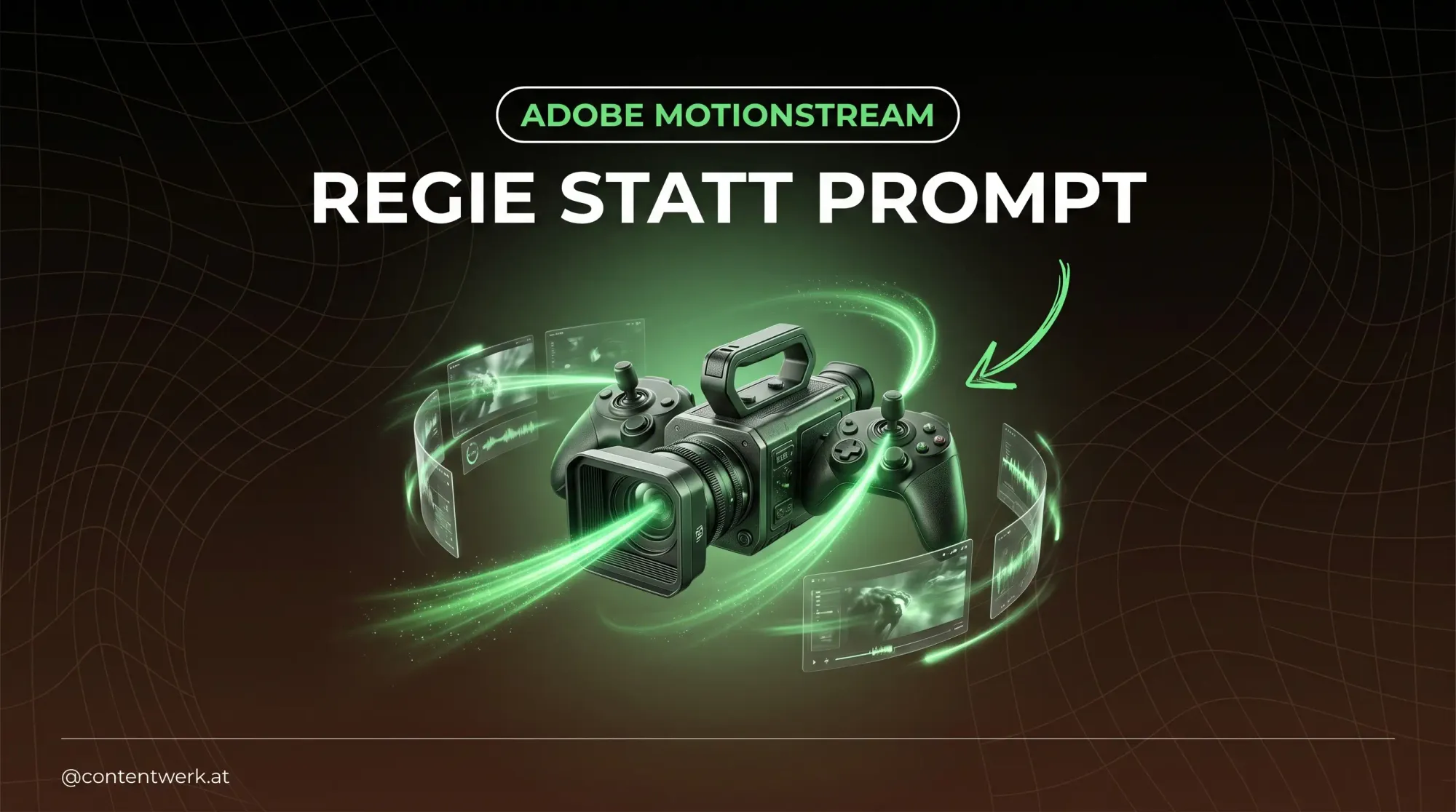 Adobe MotionStream Regie-Kontrolle für AI-Video mit Kamera-Joysticks und gruenen Lichtbahnen für Bewegungssteuerung