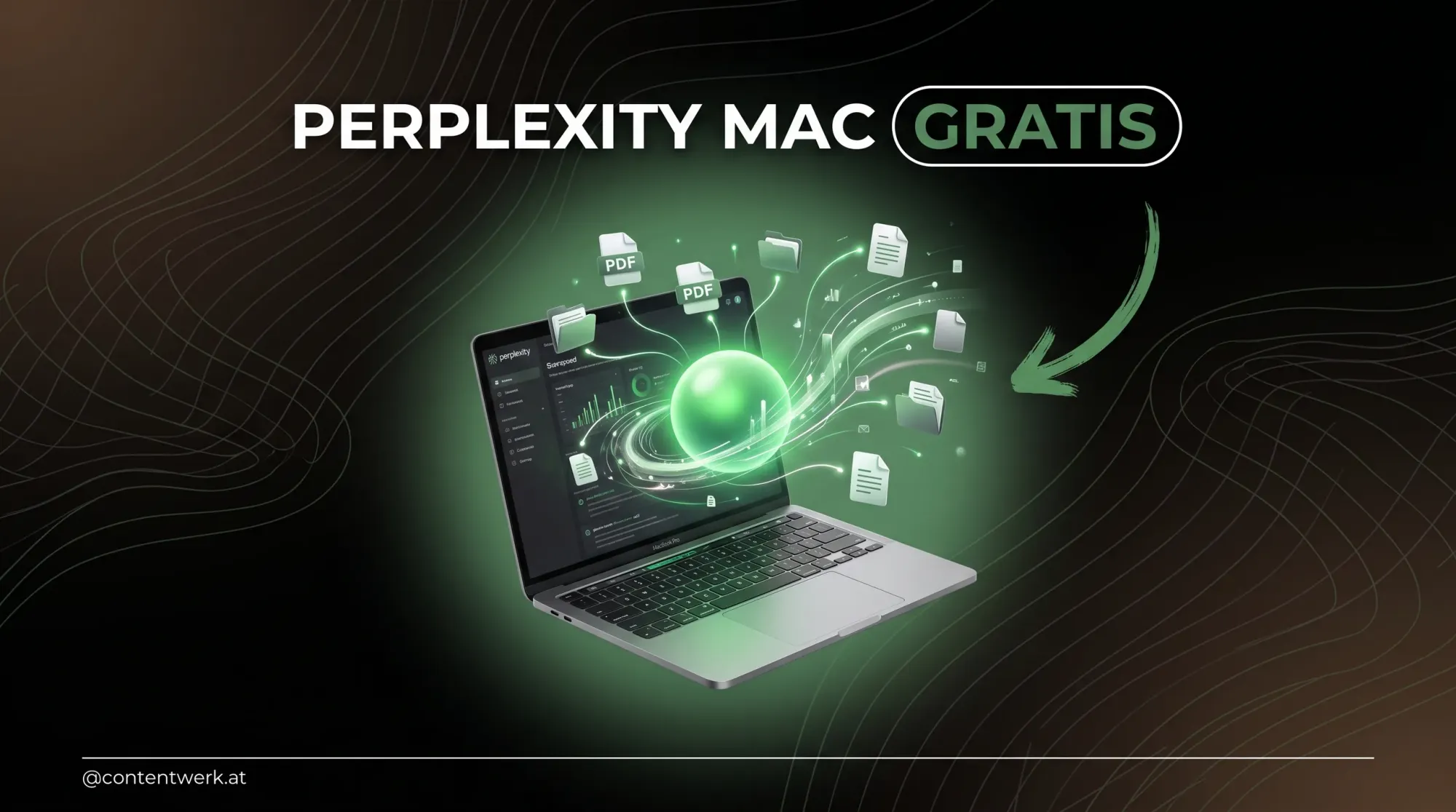 Silbernes MacBook Pro mit gruenem KI-Orb und Datenfluessen aus Dokumenten — Perplexity Mac-Assistent fuer Selbststaendige