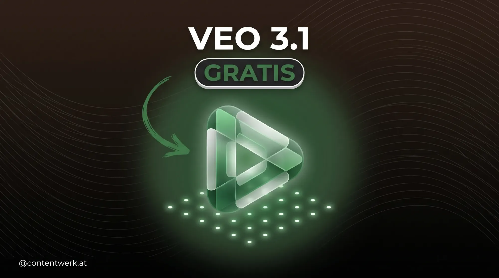 Abstrakte gruene Play-Button-Grafik mit 10er-Counter-Pattern auf dunklem Cover fuer Veo 3.1 gratis KI-Video fuer Solopreneurs