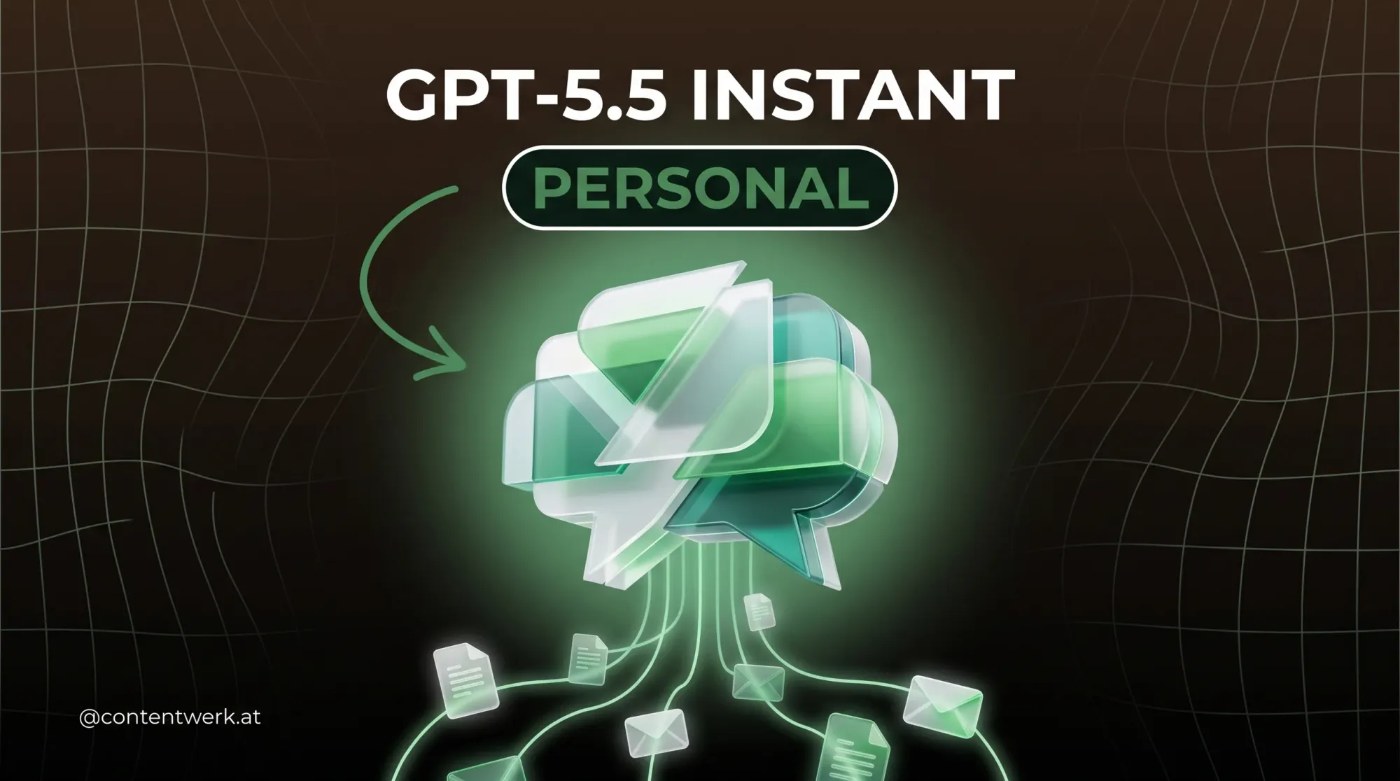 Abstrakte Chat-Bubble-Grafik mit zufliessenden Dokumenten und Mails — GPT-5.5 Instant Personalisierung fuer Solopreneurs