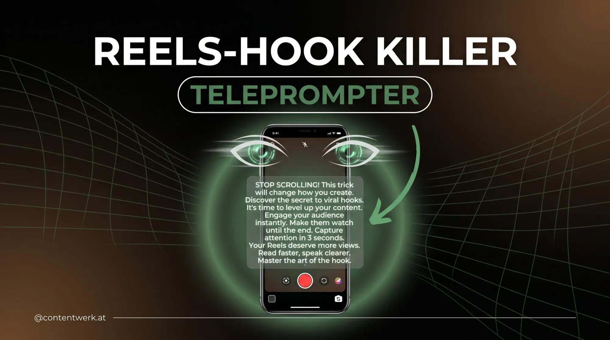 Instagram Reels Teleprompter Feature 2026 Hook-Killer Visualisierung mit Smartphone und lesenden Augen