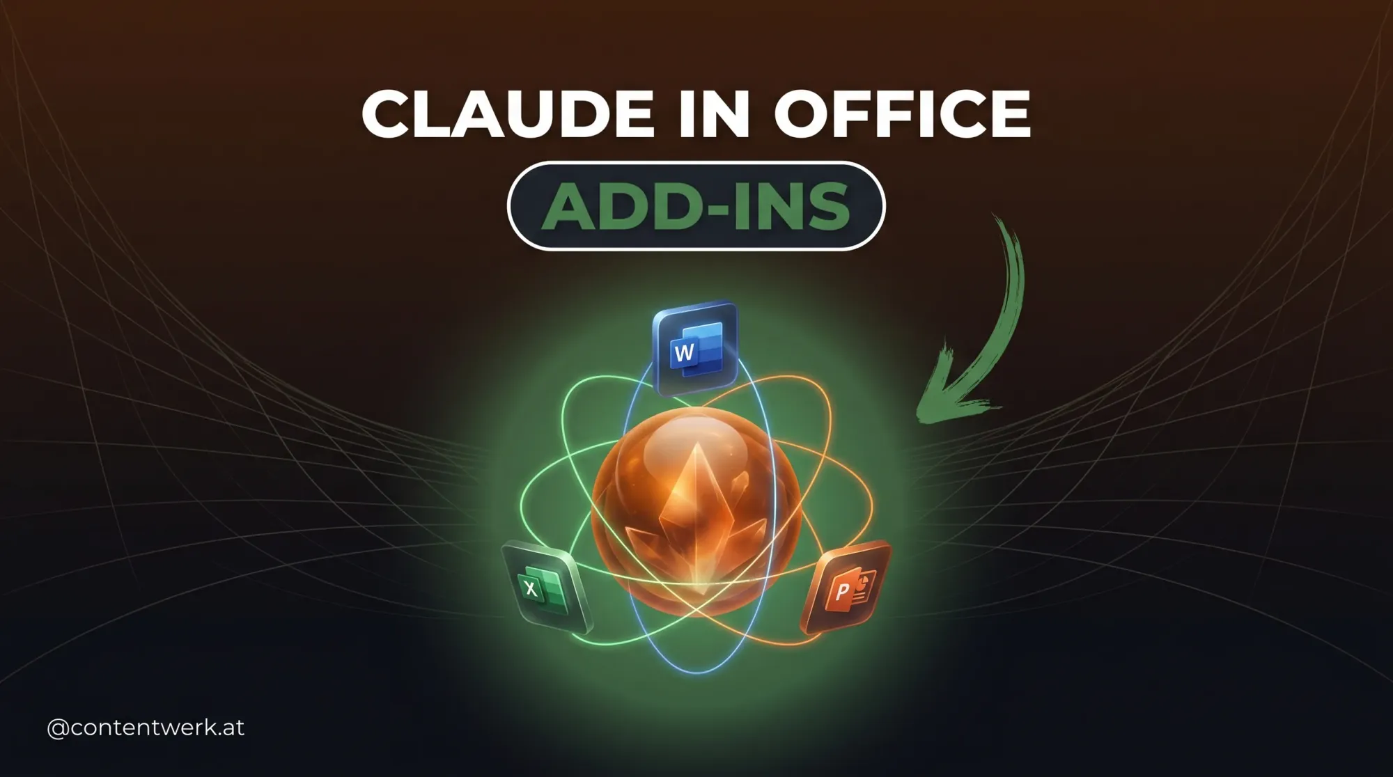 Claude-Orb mit drei Office-App-Panels verbunden — Anthropic Add-ins fuer Excel, Word und PowerPoint