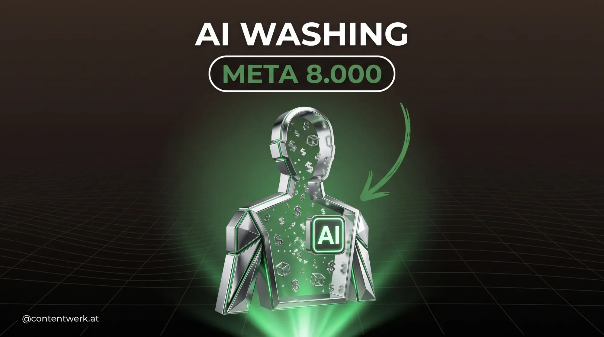 AI Washing Konzept mit Meta Layoffs 8.000 Mai 2026 hohlem AI-Anzug als Symbol fuer vorgeschobene KI-Begruendung