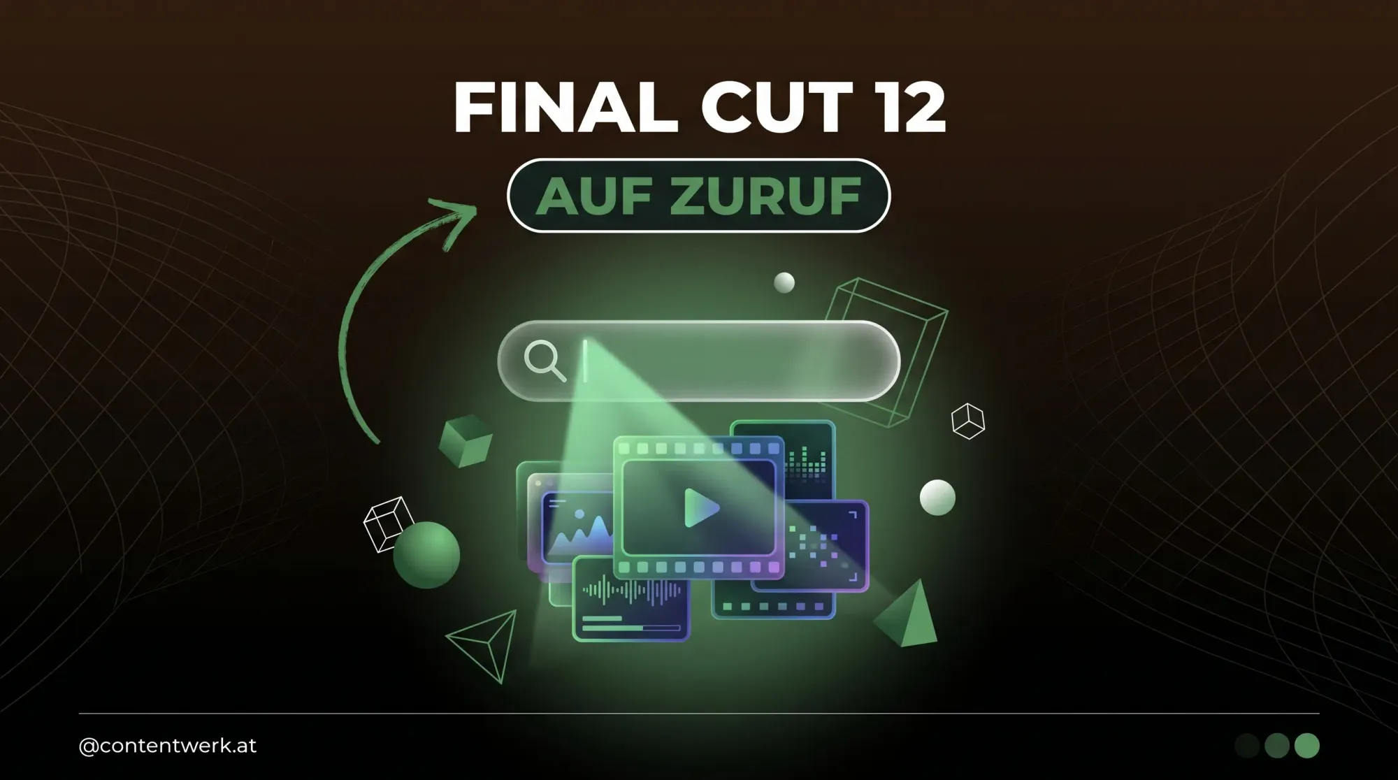 Final Cut 12 Visual Search Cover mit Lupe Suchleiste und Filmclips in ContentWerk Gruen
