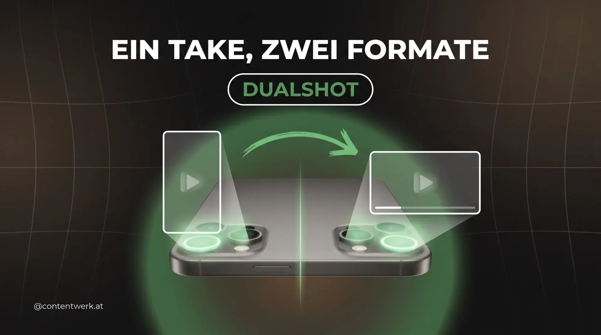 iPhone von hinten mit zwei leuchtenden Kameralinsen, die parallel ein vertikales und horizontales Video-Frame projizieren — DualShot Recorder visualisiert.