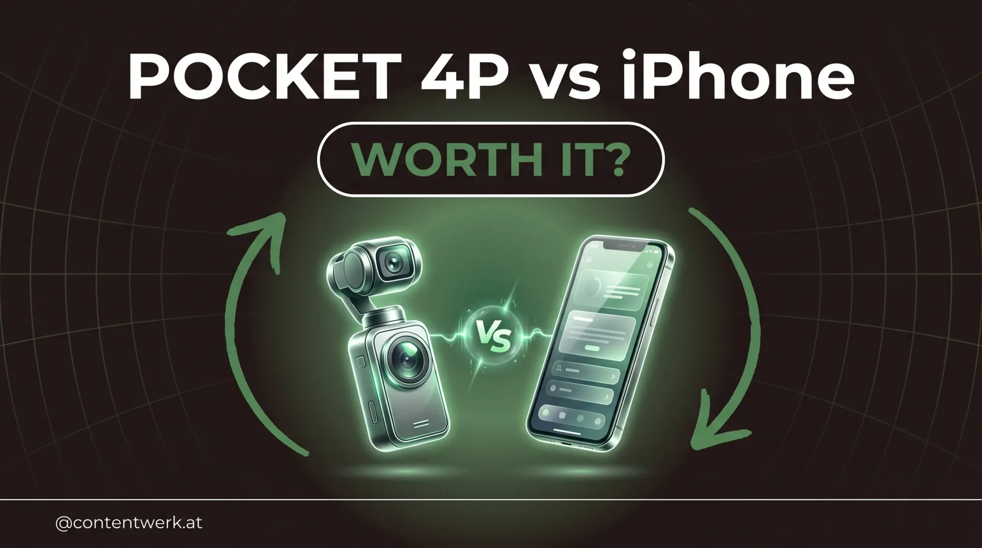 DJI Pocket 4P Dual-Lens-Pocketcam neben iPhone als Vergleichs-Cover für ContentWerk Solopreneur-Kauftest