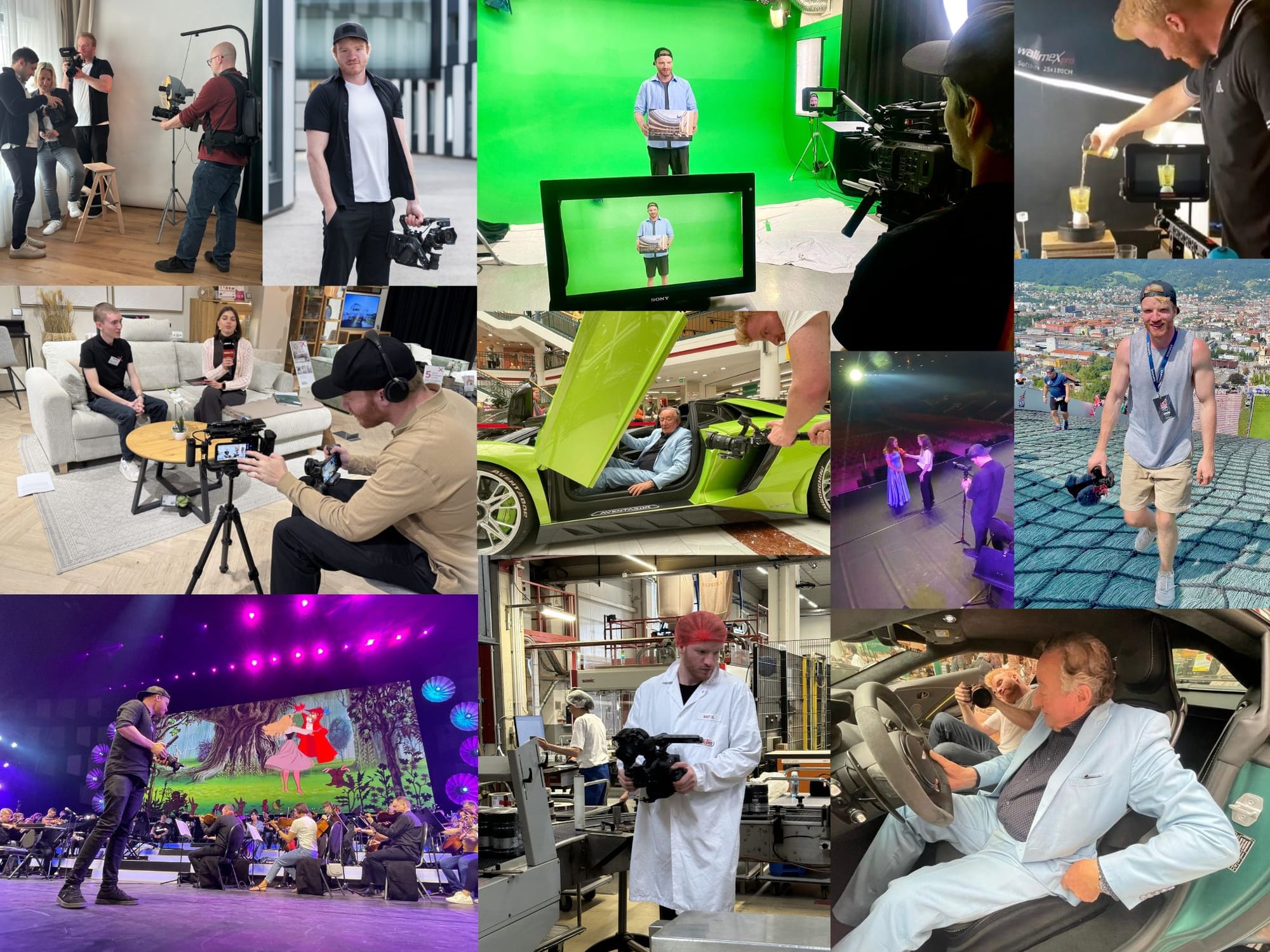Gillian Scharf in Action: Kameramann, Greenscreen-Studio, Set-Aufnahmen, Live-Events und Auto-Shoots — Foto-Collage seiner Videoarbeit