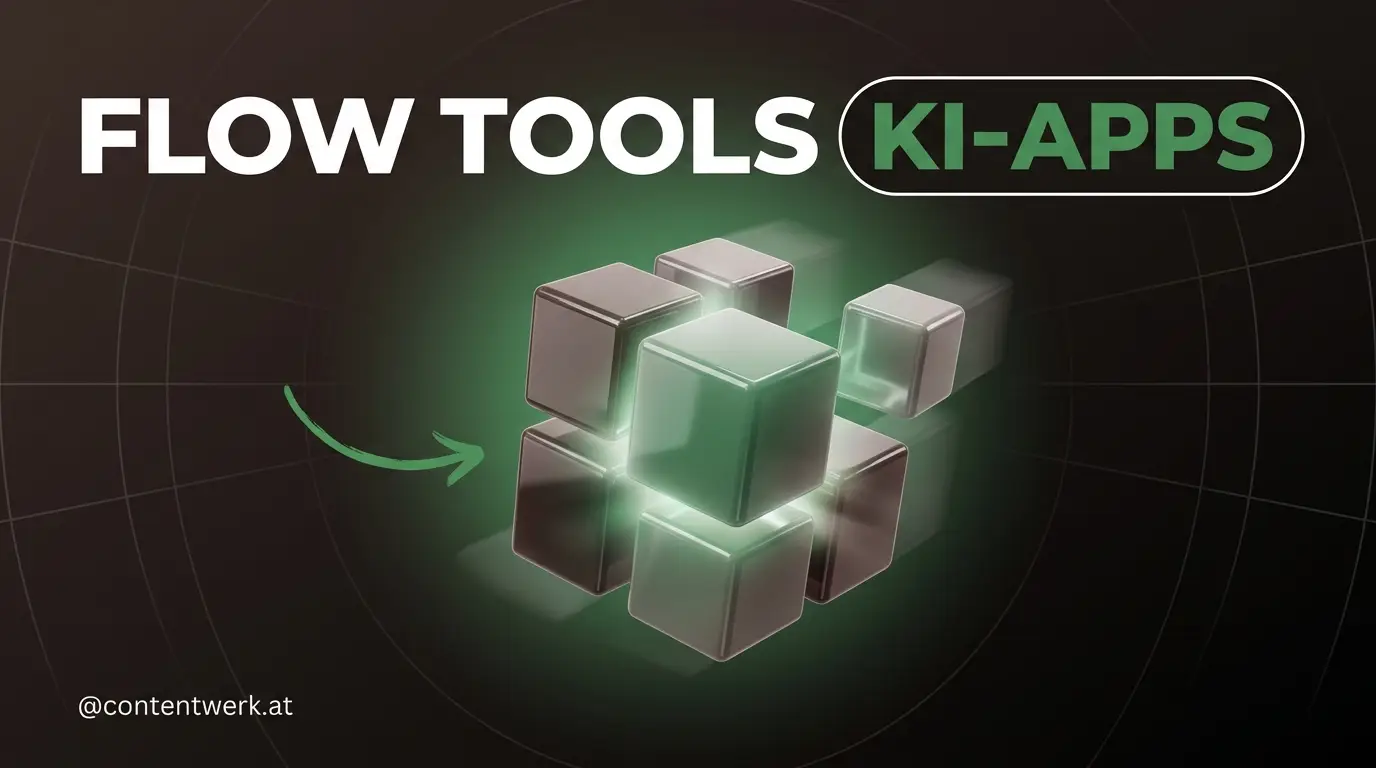 Google Flow Tools Cover mit schwebenden modularen KI-App-Bloecken die zusammen schnappen auf ContentWerk-Hintergrund