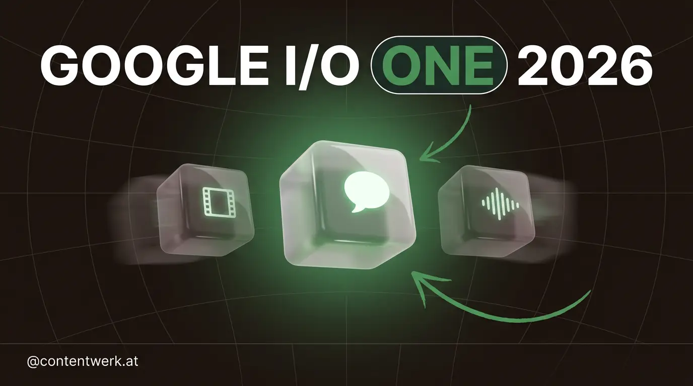 Google I/O 2026 Cover mit drei schwebenden Cube-Icons und einem hervorgehobenen KI-Feature fuer Solos auf ContentWerk-Hintergrund