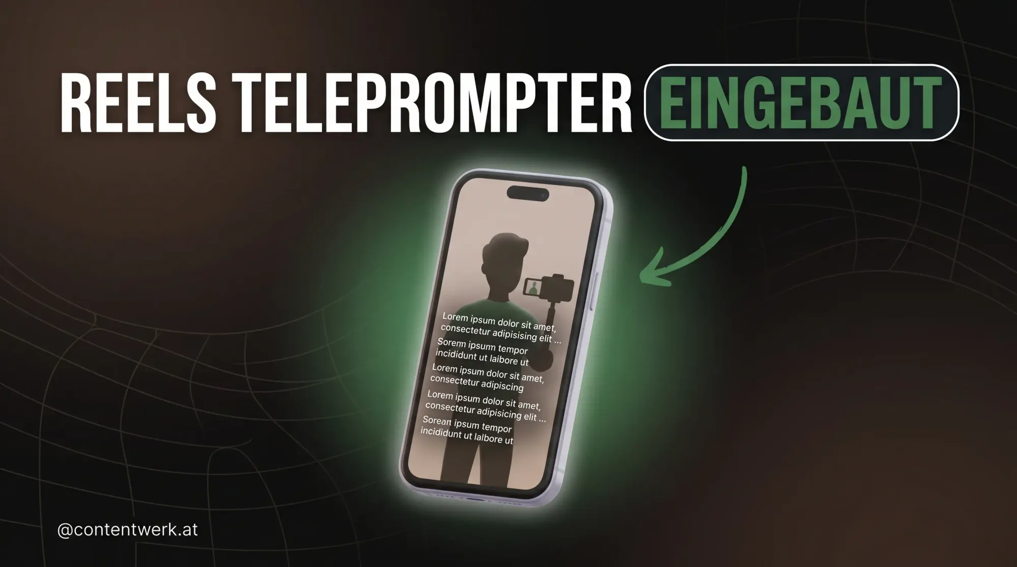 Instagram Reels Teleprompter Cover mit Smartphone und scrollendem Text-Overlay fuer ContentWerk Solos