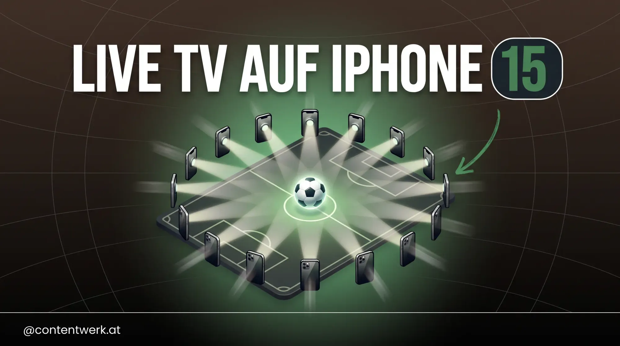 Live TV MLS Stream Cover mit 15 iPhones um einen Fussball als Broadcast-Setup auf ContentWerk-Hintergrund
