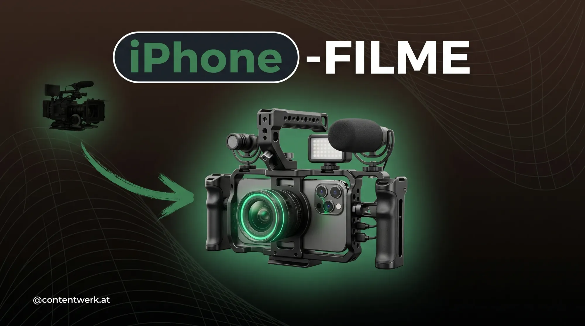 iPhone 17 Pro Max in einem Cinema-Cage-Rig mit Handles und Lens-Ring für professionelle Filmproduktion