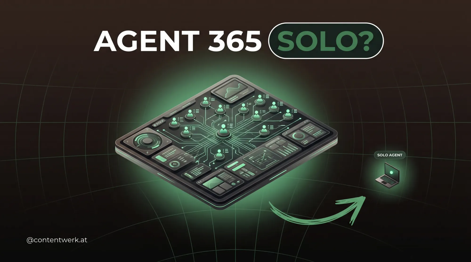 Microsoft Agent 365 Dashboard mit vielen KI-Agents neben einzelnem Solopreneur-Laptop in ContentWerk-Optik