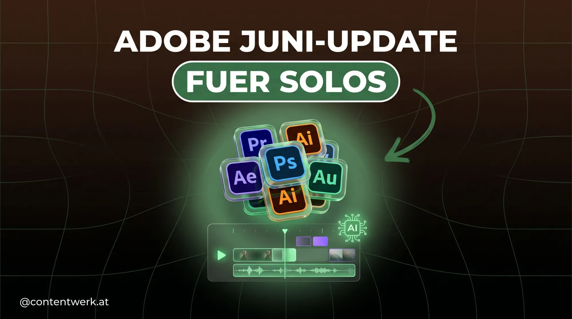 Cover zum Adobe Update Juni 2026 mit KI-Editing-Features fuer Solo-Creator, schwebende App-Kacheln ueber Schnitt-Timeline.