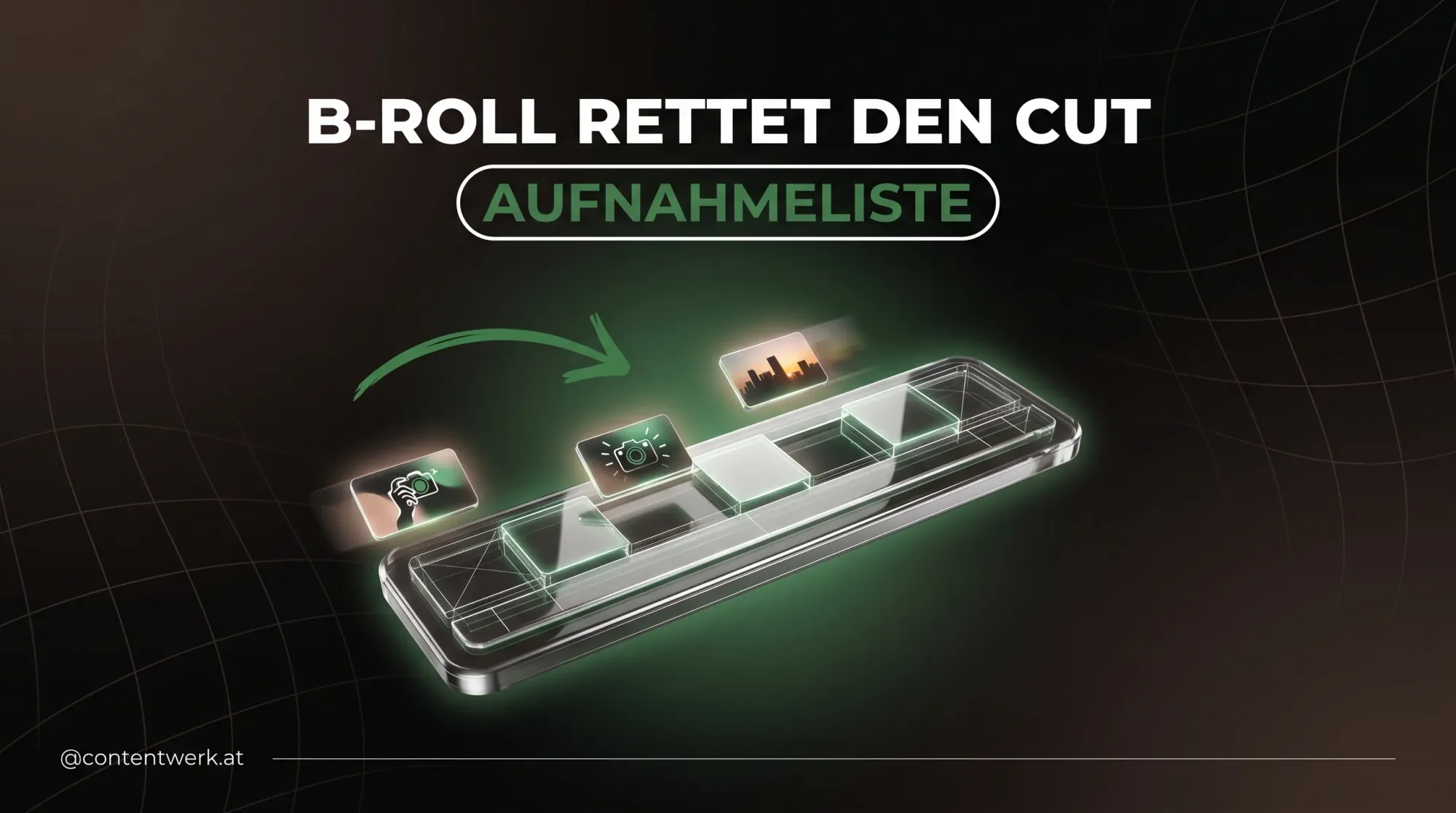 Cover zum Thema B-Roll filmen mit Schnitt-Timeline und einfliegenden Clip-Kacheln in ContentWerk-Gruen
