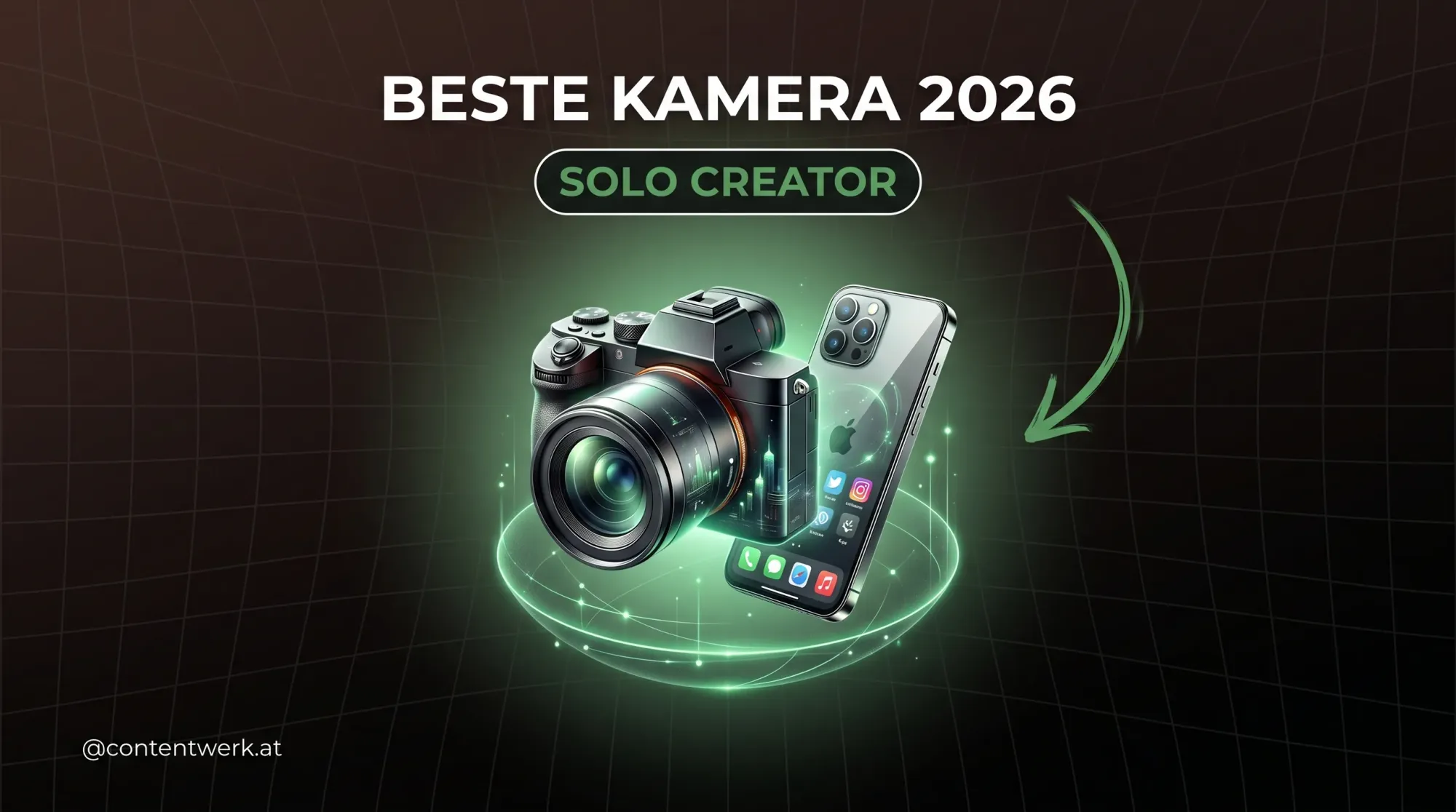 Beste Kamera fuer Solo-Creator 2026: Mirrorless-Body neben Smartphone auf ContentWerk-Hintergrund