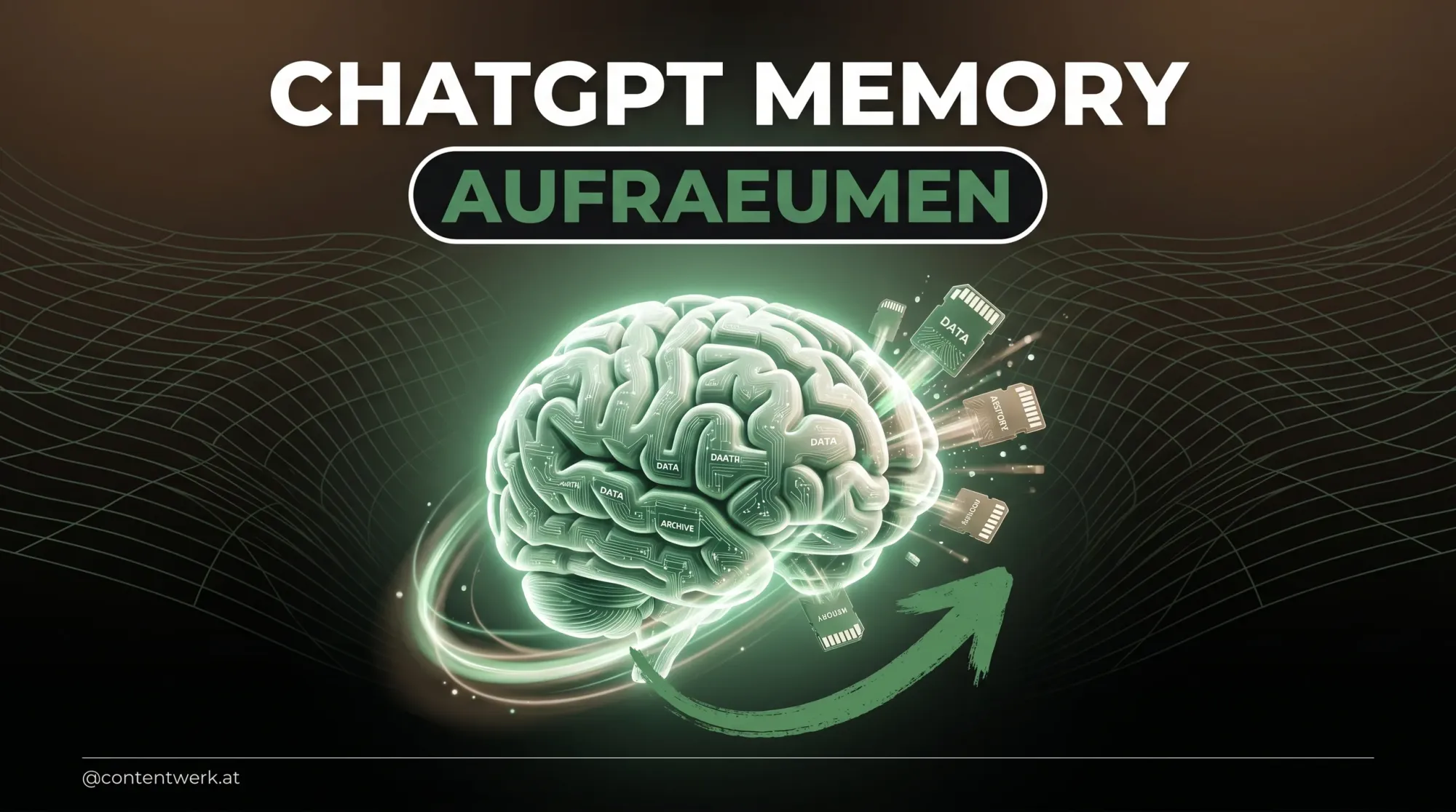 3D-Gehirn aus Memory-Karten, einzelne werden geloescht — ChatGPT Memory aufraeumen fuer bessere Outputs