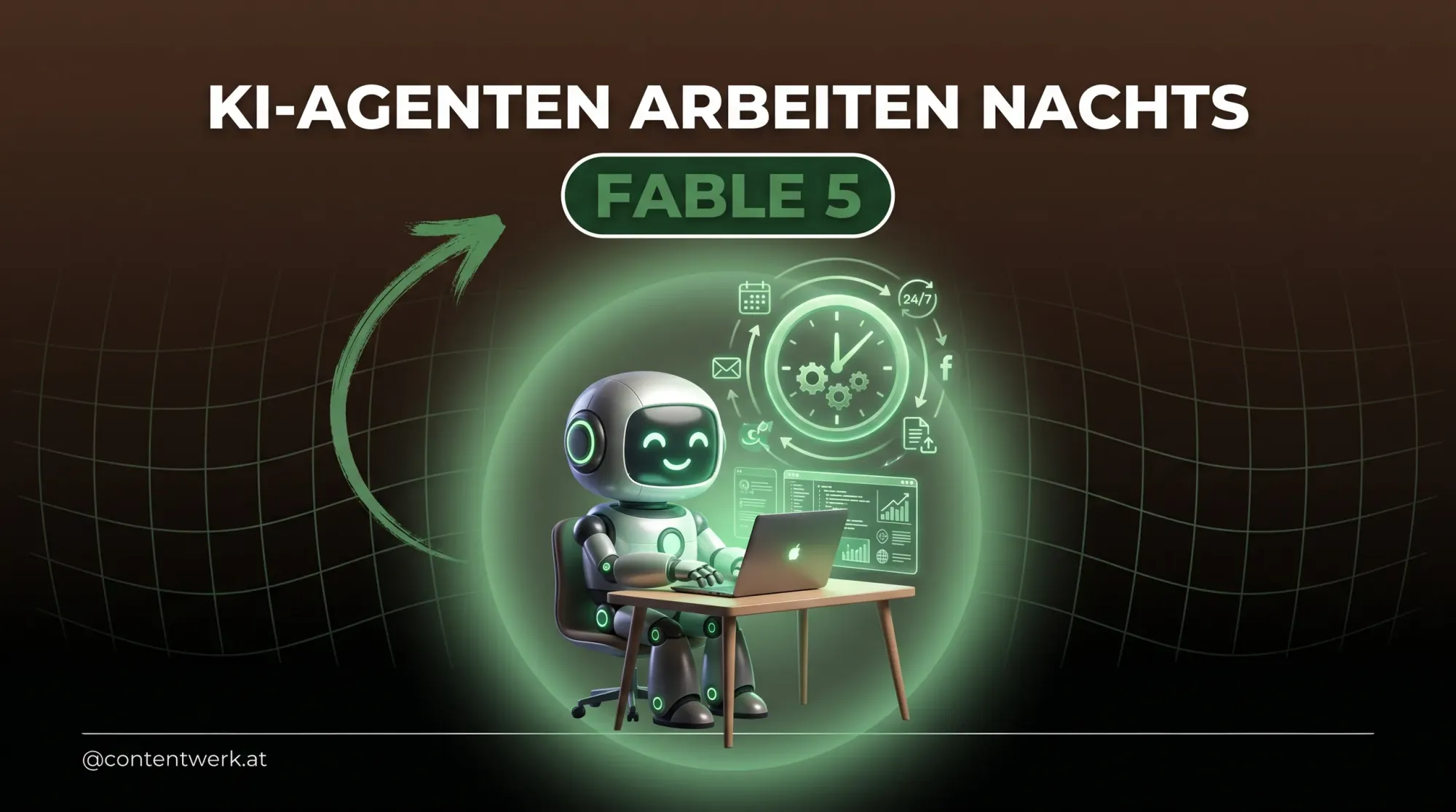 3D-Roboter am naechtlichen Schreibtisch mit leuchtender Uhr, Symbol fuer geplante KI-Agenten mit Claude Fable 5