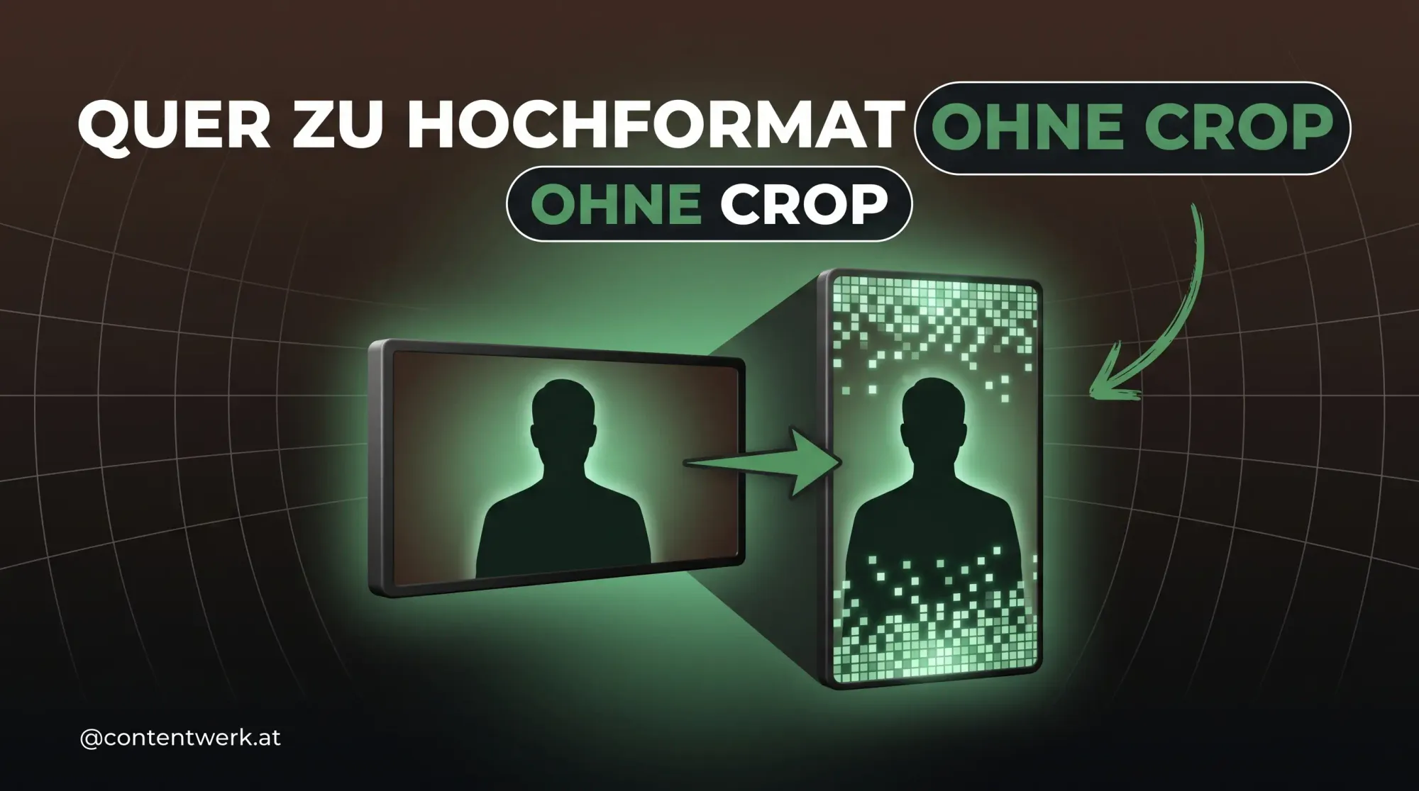 Horizontales Video-Frame wird per KI-Reframe zu vertikalem Hochformat erweitert ohne Crop, ContentWerk Cover.