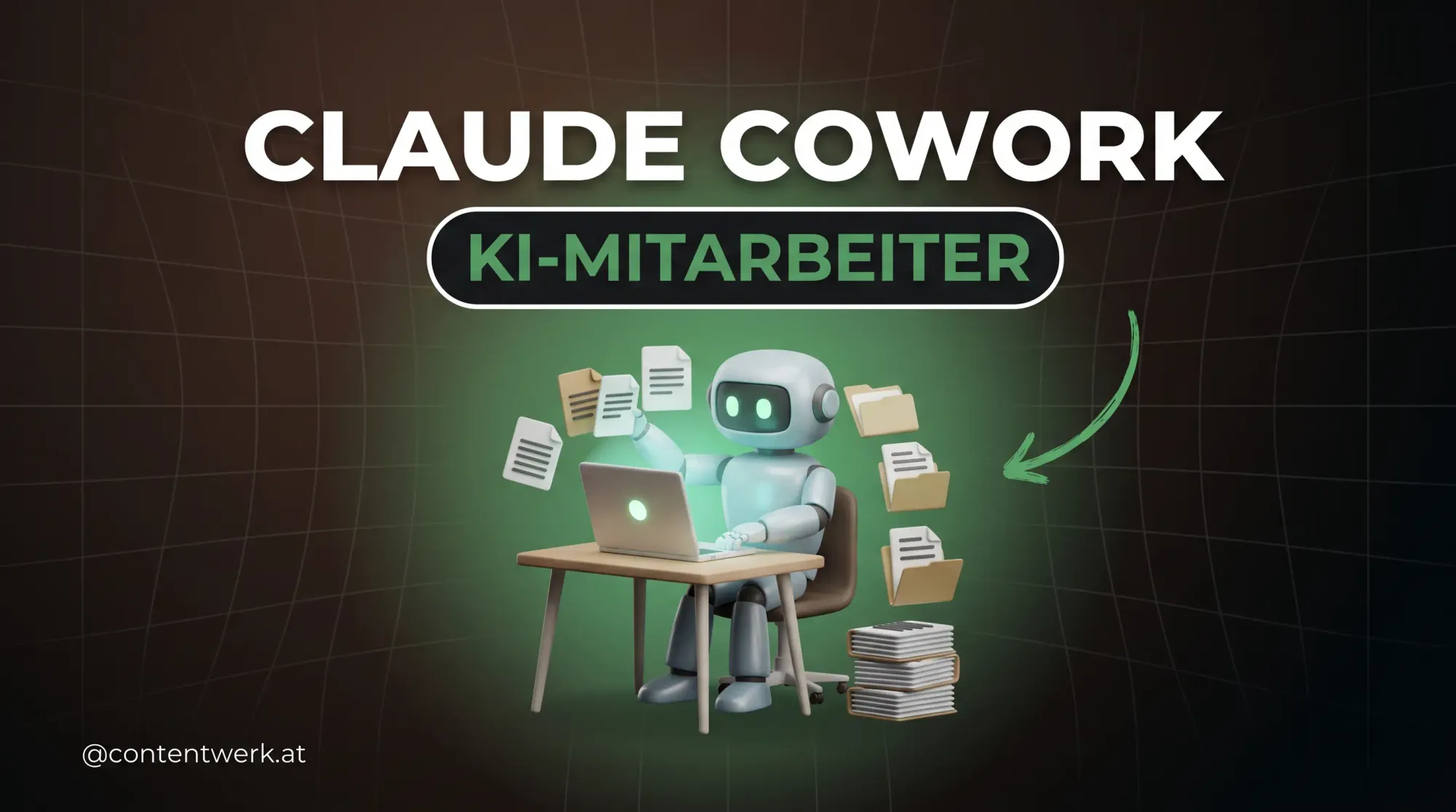 Claude Cowork als KI-Mitarbeiter am Schreibtisch, der Dateien und Dokumente fuer Solo-Creator sortiert.