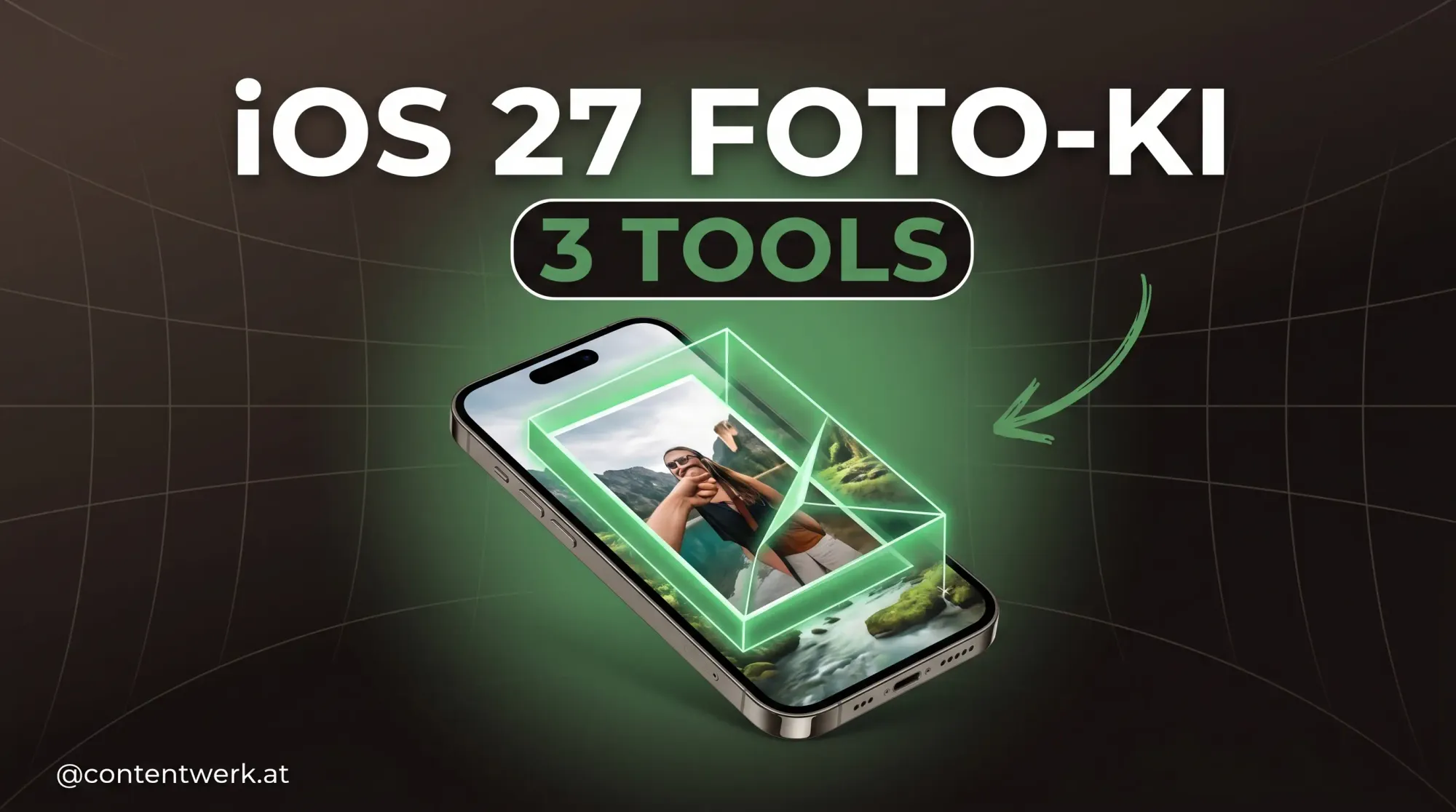 Smartphone zeigt iOS 27 Foto-Tool Extend, das den Bildrand mit KI erweitert, ContentWerk-Cover.
