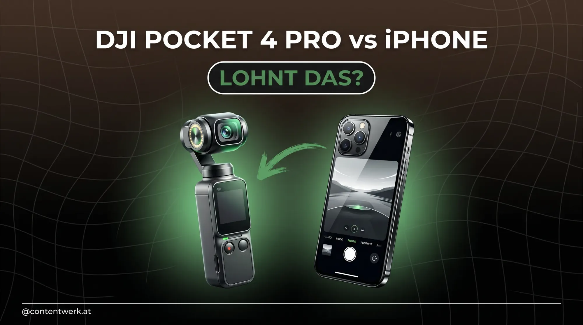 DJI Pocket 4 Pro Gimbal-Kamera neben einem iPhone, Vergleich fuer Solo-Creator, ContentWerk-Cover in Gruen