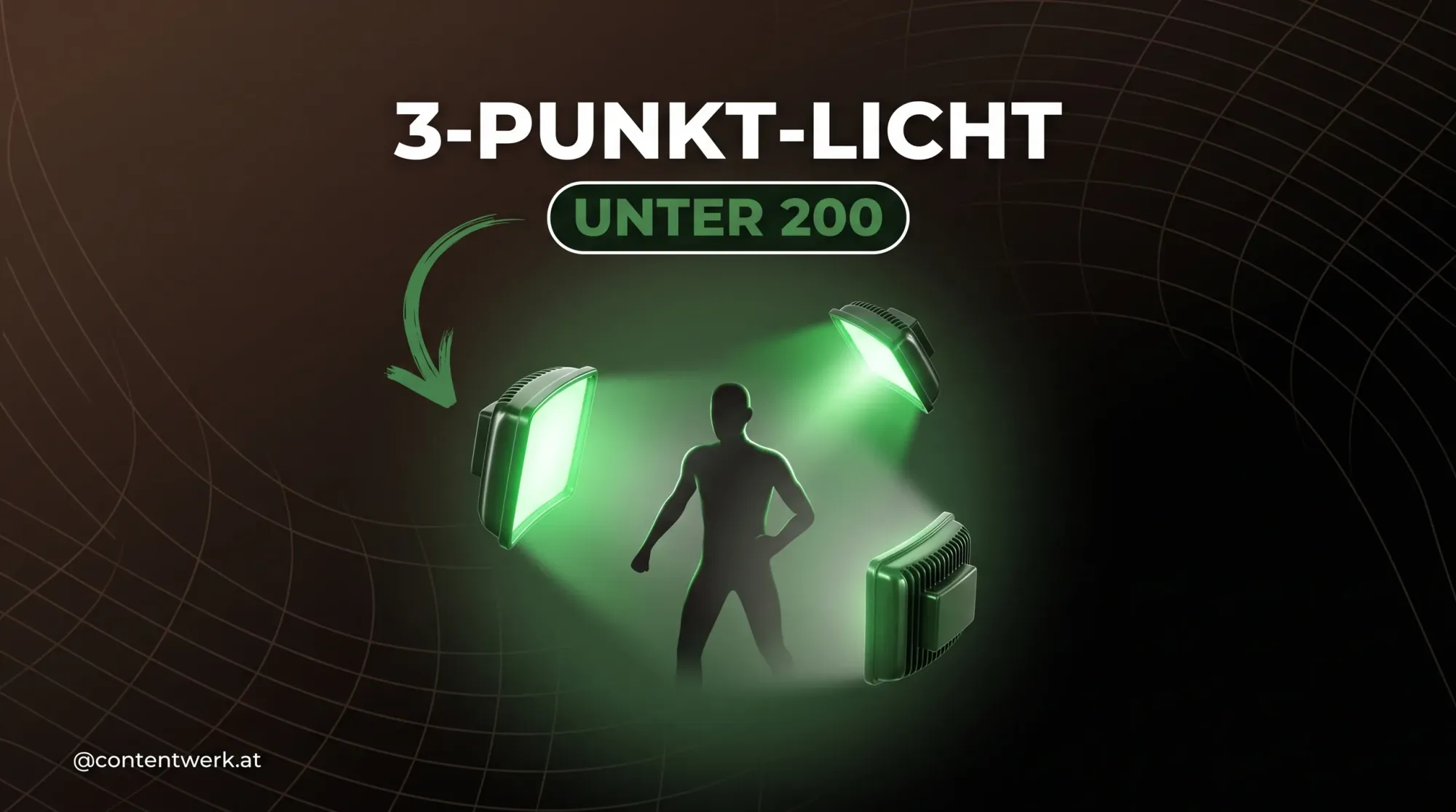 3-Punkt-Licht Setup Cover mit drei LED-Panels um eine Silhouette in ContentWerk-Gruen