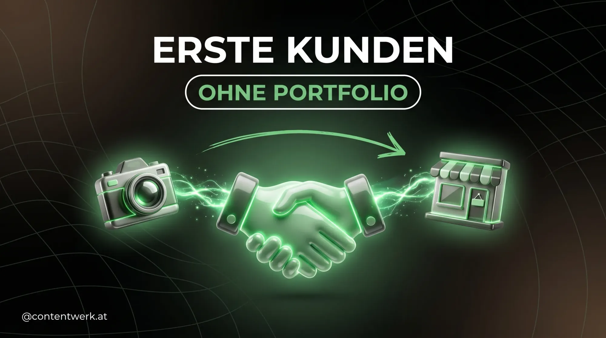 Cover-Grafik erste Video-Kunden finden ohne Portfolio, Handschlag zwischen Kamera und lokalem Geschaeft
