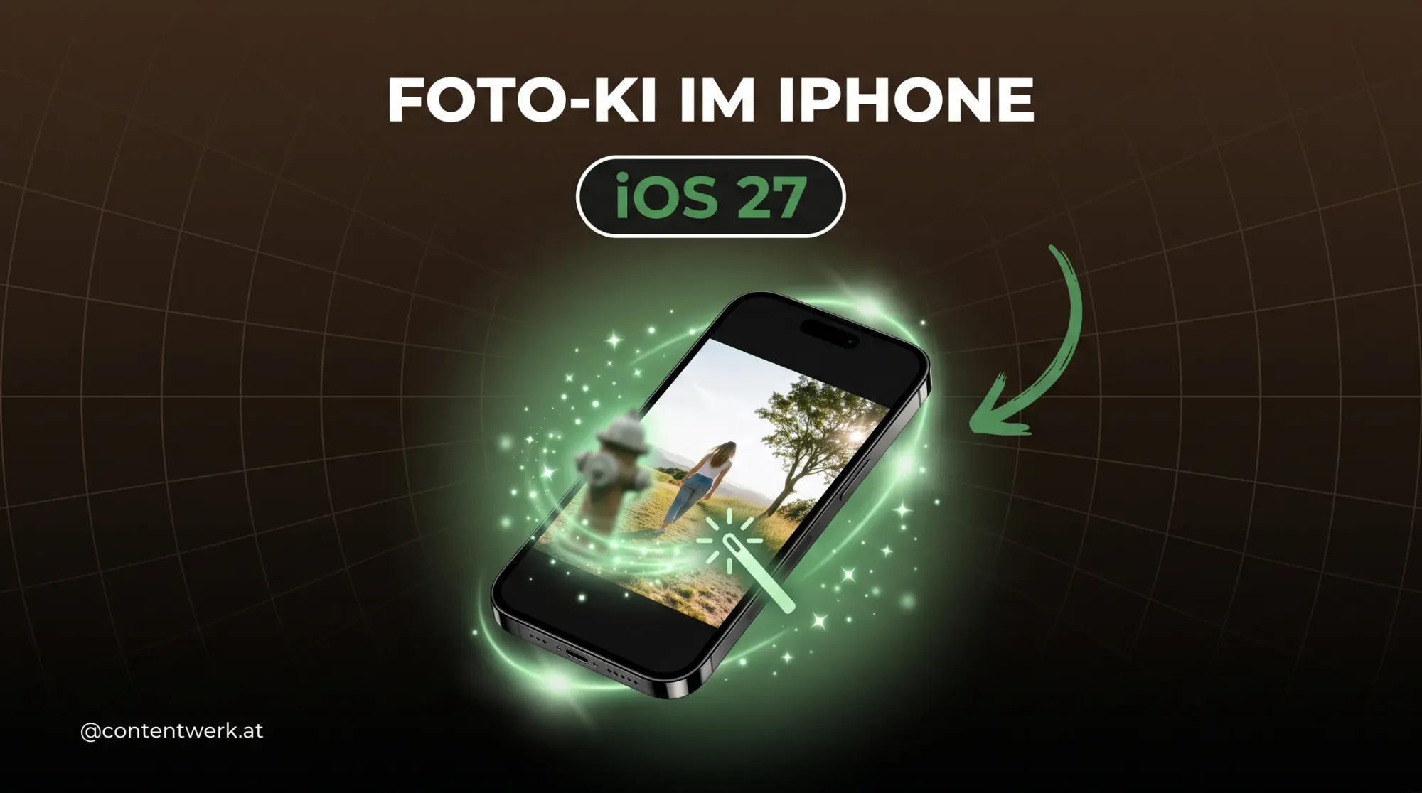 iOS 27 Foto-KI Cover mit Smartphone das per KI ein stoerendes Objekt aus dem Bild entfernt