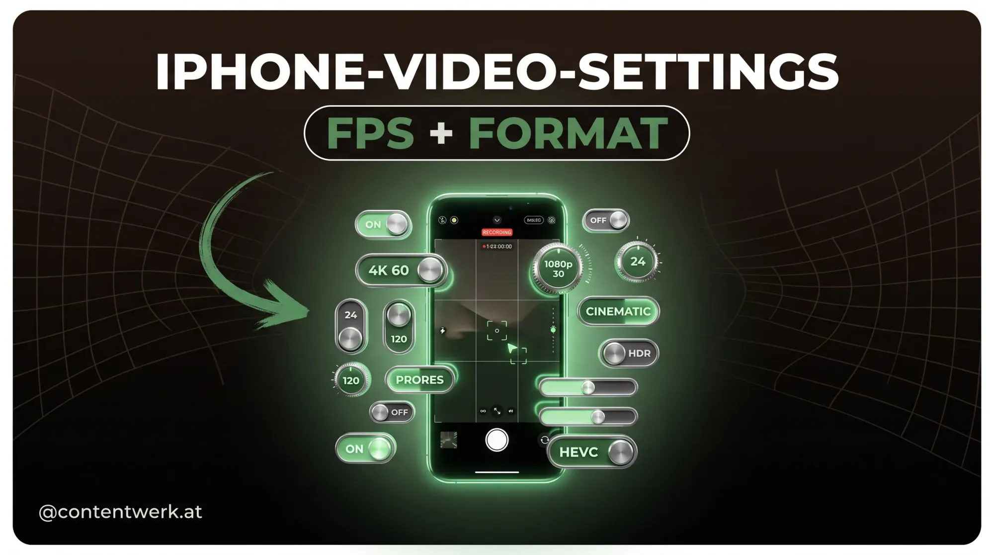 iPhone Video Einstellungen Cover mit Smartphone-Kamera und schwebenden fps- und Format-Togglern