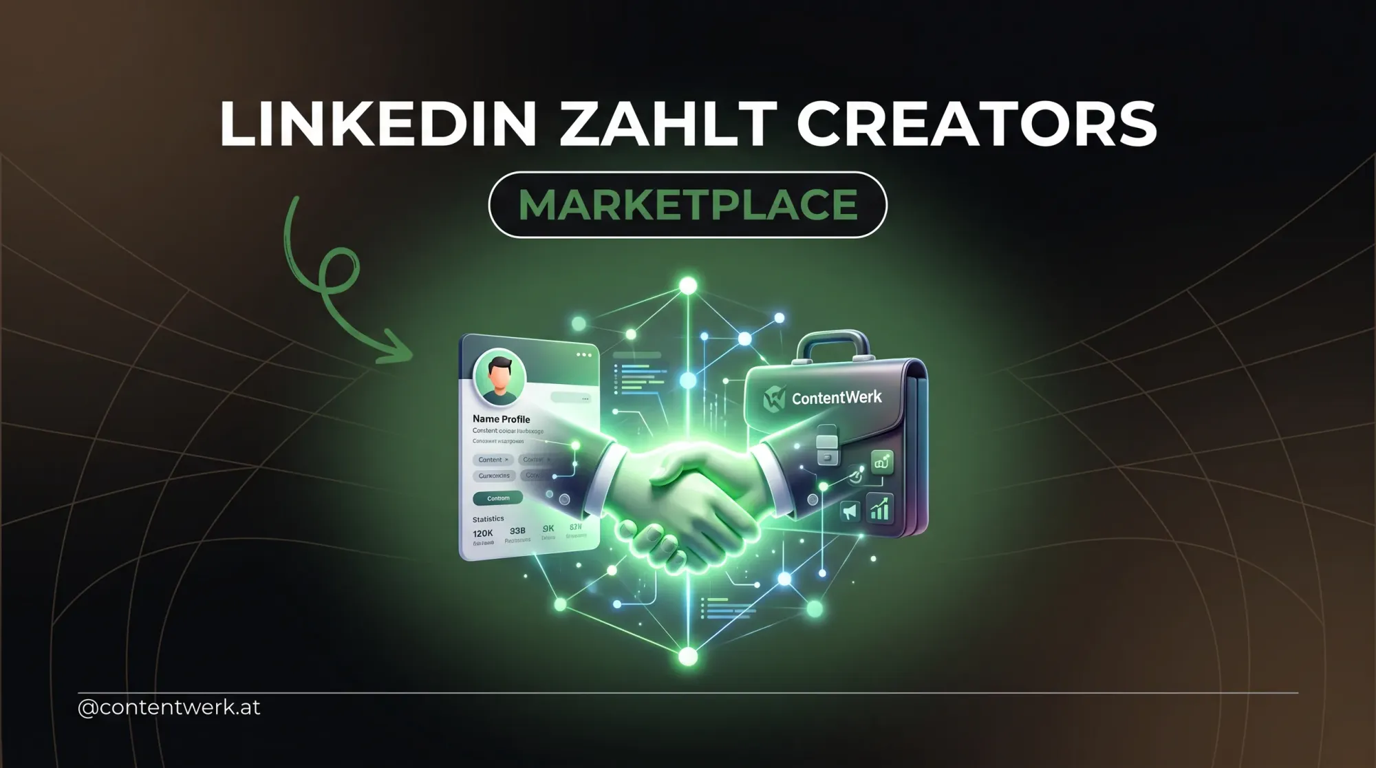 LinkedIn Creator Marketplace verbindet Solos mit Marken fuer bezahlte Kooperationen — Handshake-Grafik mit Netzwerk-Knoten.