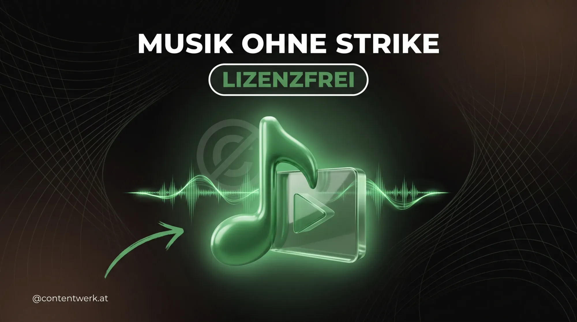 Cover zu lizenzfreie Musik Video mit gruener Musiknote, Audio-Wellenform und durchgestrichenem Copyright-Symbol
