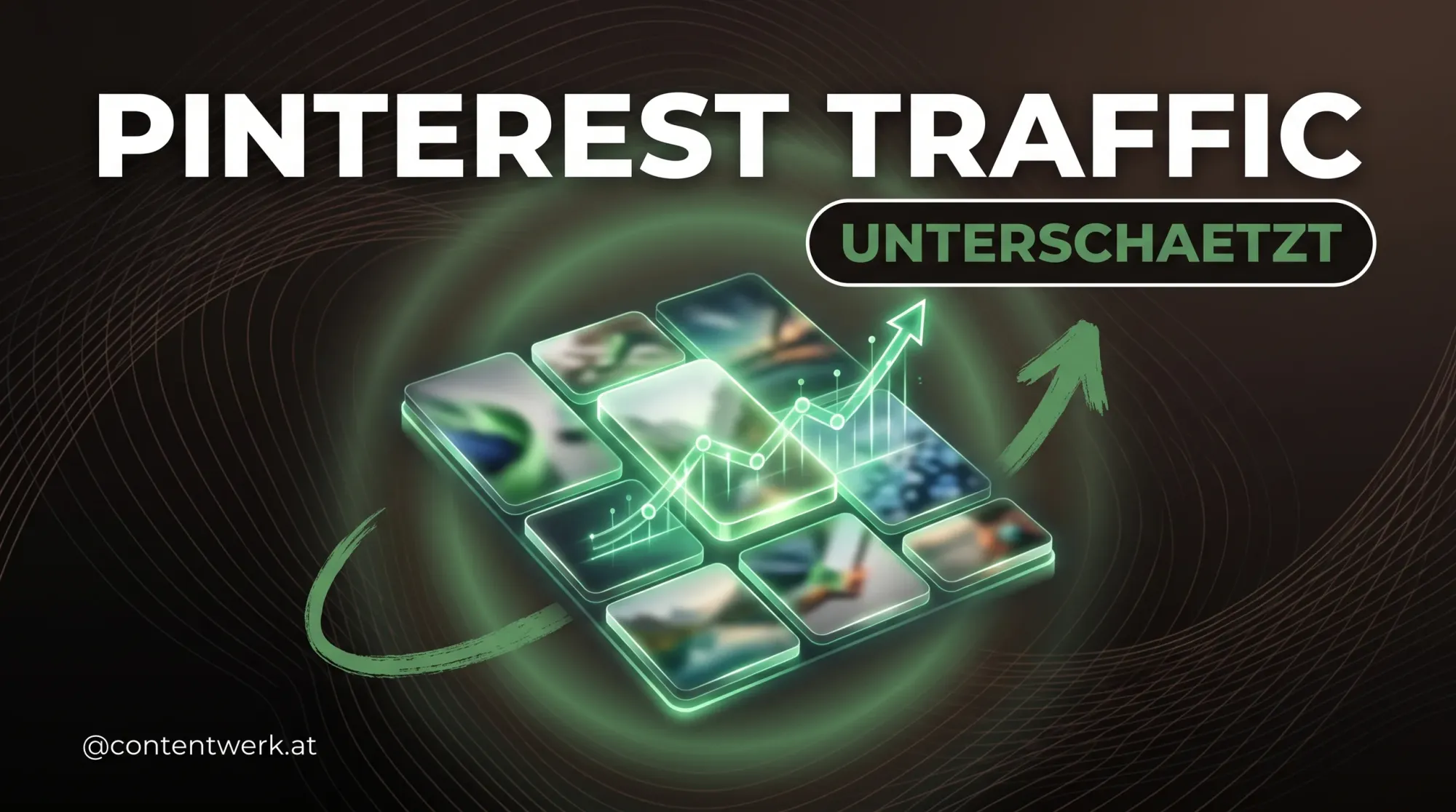 Pinterest fuer Selbststaendige Cover, glowing Pin-Board mit gruener Traffic-Kurve nach oben