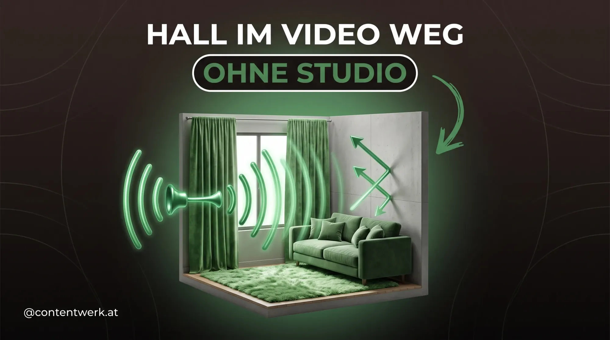 Cover Hall im Video entfernen, gruene Schallwellen von weichen Materialien absorbiert im Raum-Querschnitt