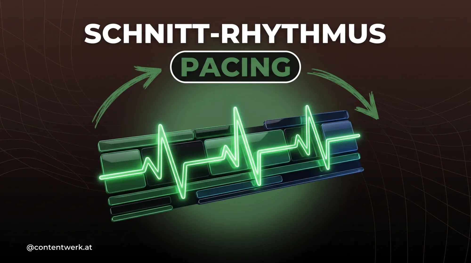 Cover Schnitt Rhythmus Video mit glowing Timeline und gruener Herzschlag-Pulslinie als Pacing-Symbol