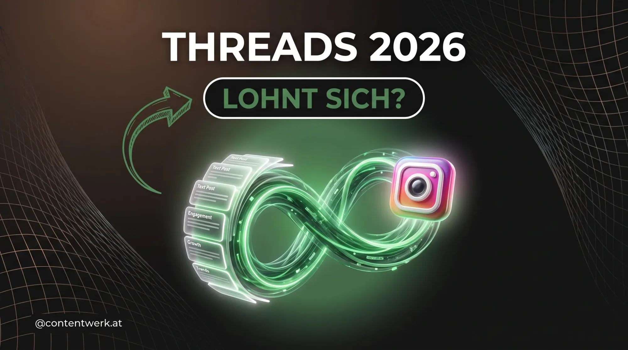 Cover Threads fuer Selbststaendige 2026, Text-Post-Karten fliessen in gruenen Loop zu Instagram-Icon