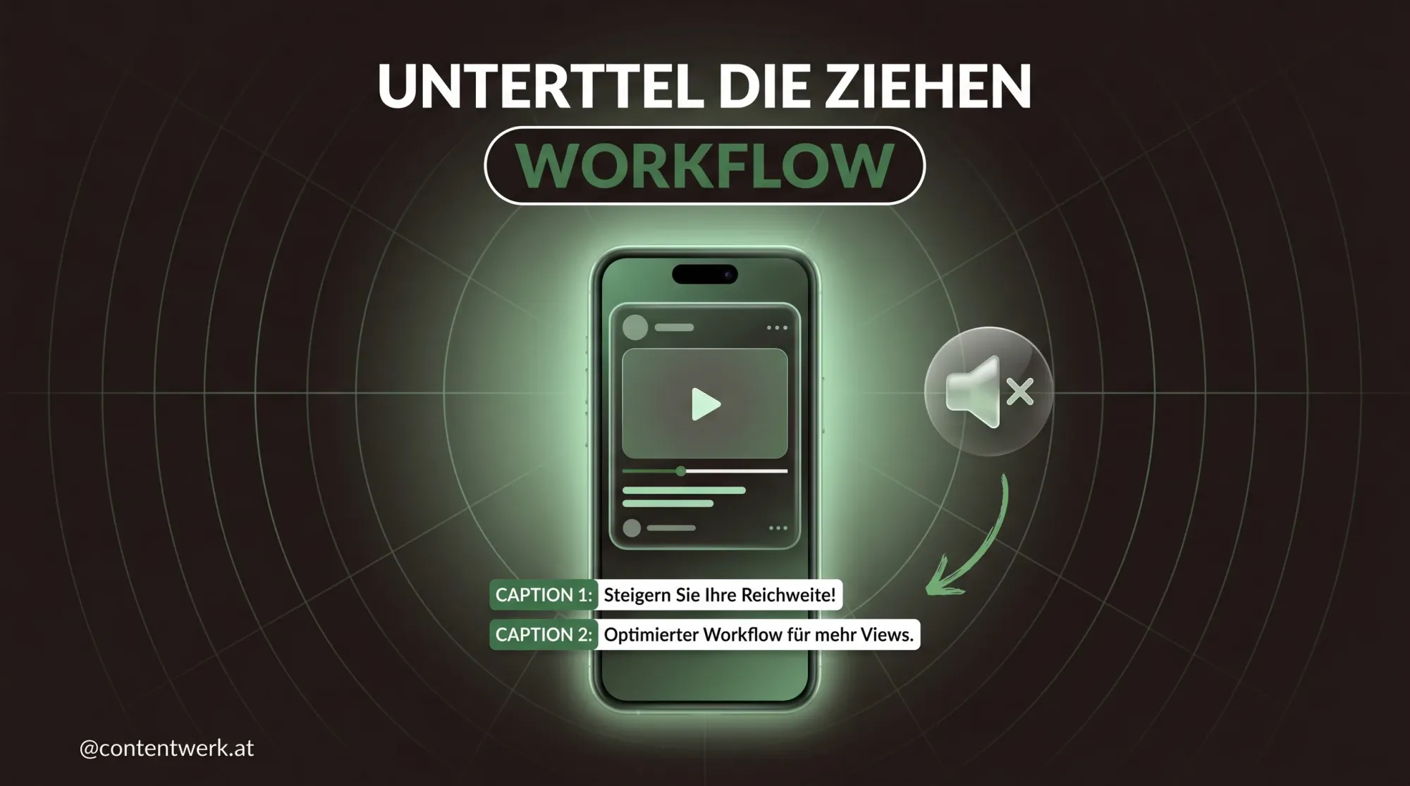 Cover zu Untertitel Video Workflow mit Smartphone-Frame, Caption-Balken und stummem Lautsprecher-Symbol