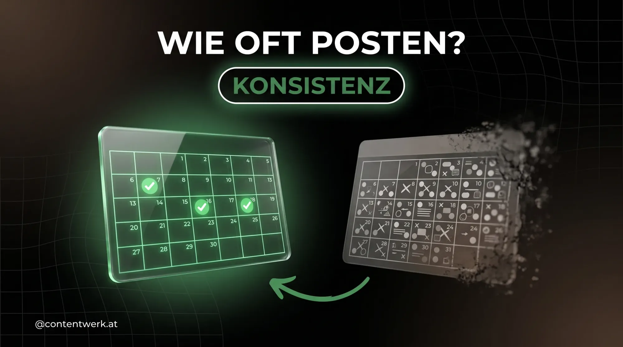 Cover zu wie oft posten Social Media 2026 mit gruen markiertem Kalender und Pill Konsistenz