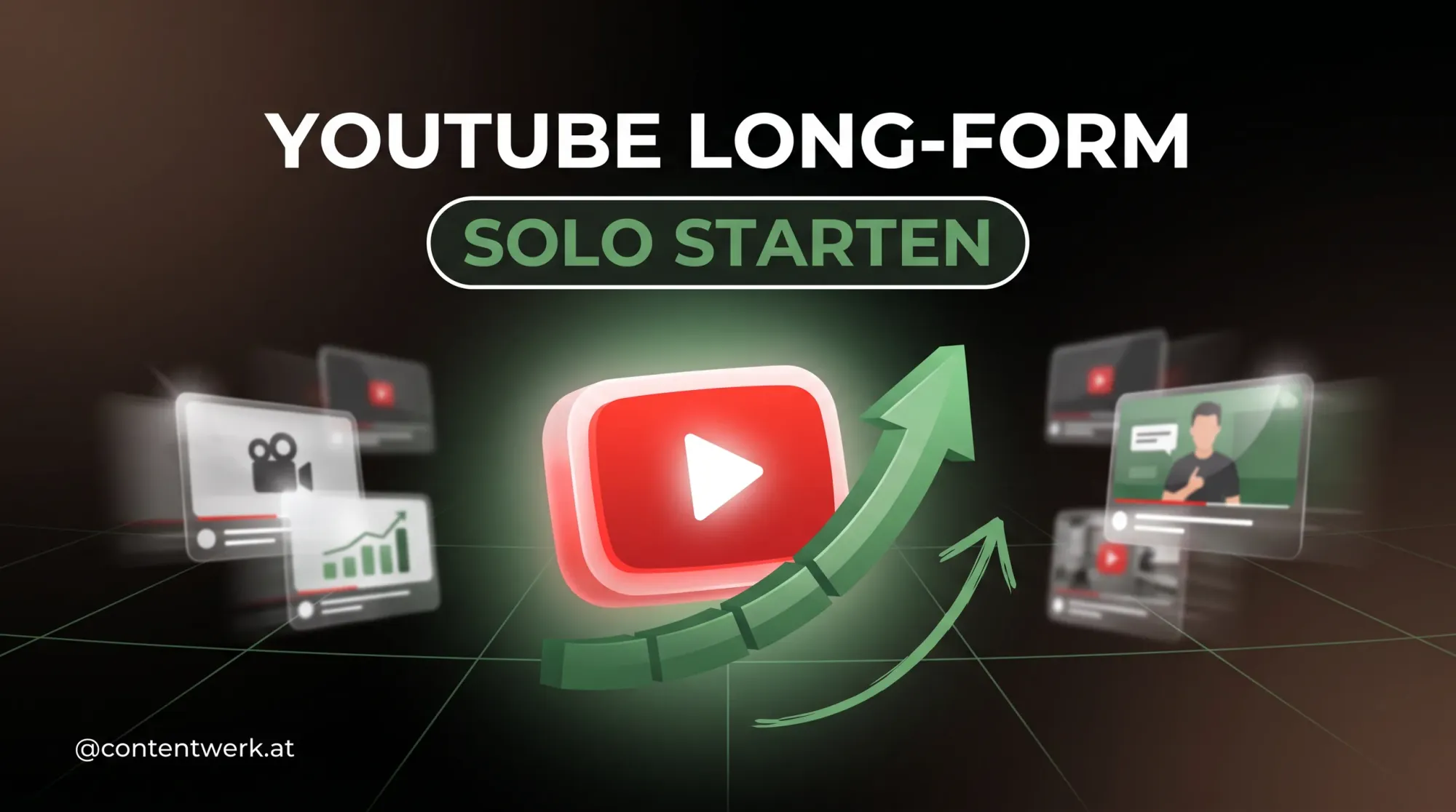 Cover YouTube Kanal starten Solo: glowing Play-Button auf gruener Wachstumskurve mit Video-Thumbnails