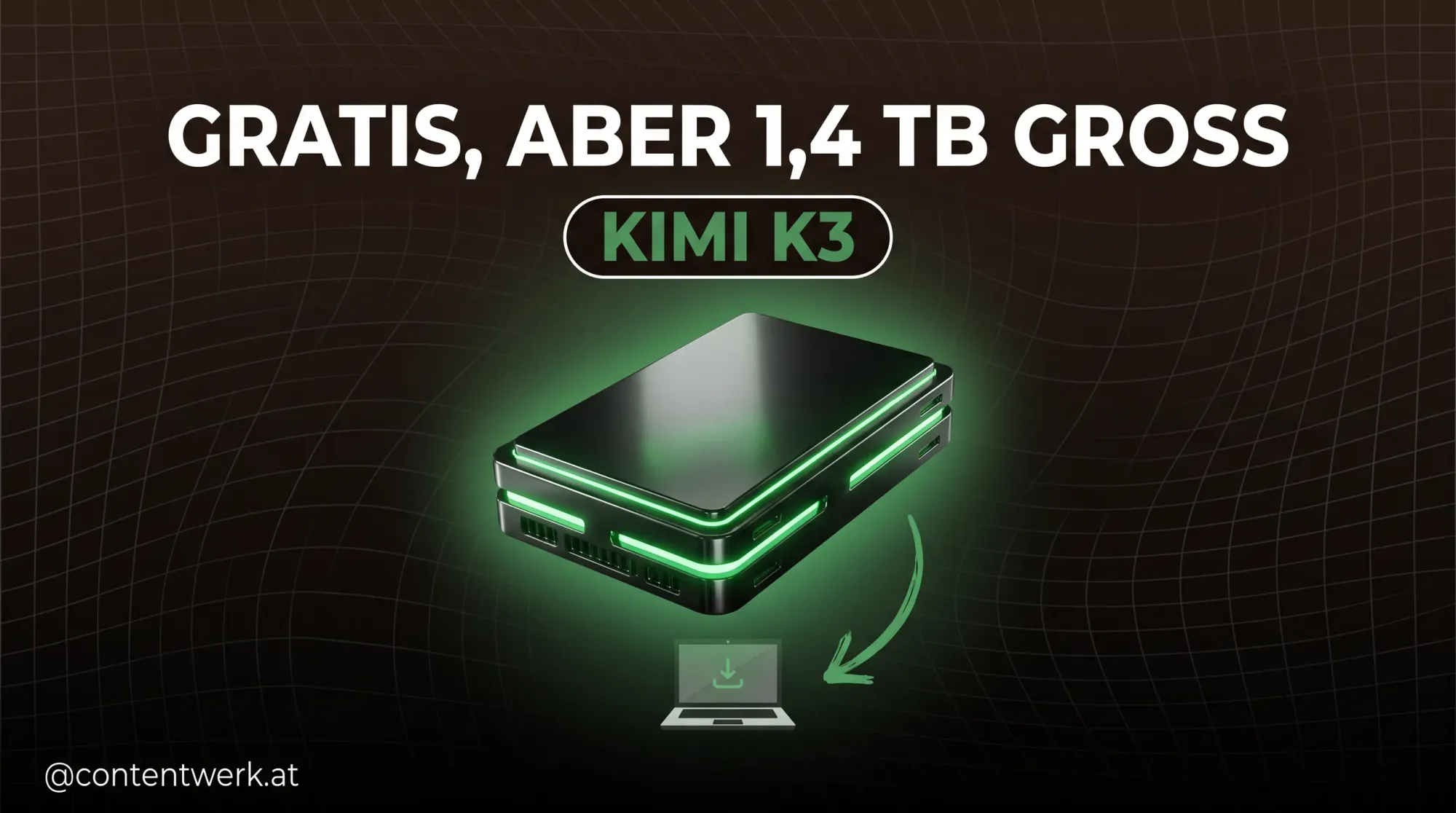 Kimi K3 Gratis-KI-Modell: riesiger Speicherblock ueber winzigem Laptop, 1,4 Terabyte Groessenvergleich