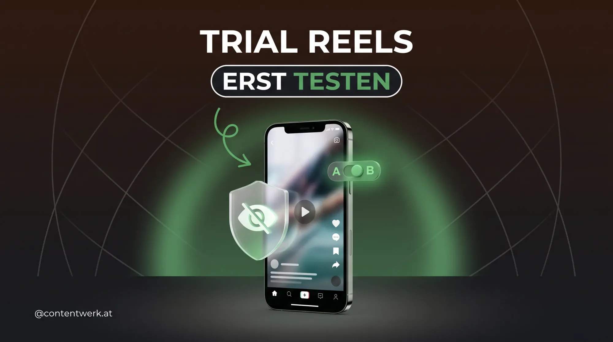 Smartphone mit Reel und verstecktem Test-Symbol, Titel Trial Reels erst testen in ContentWerk-Gruen.