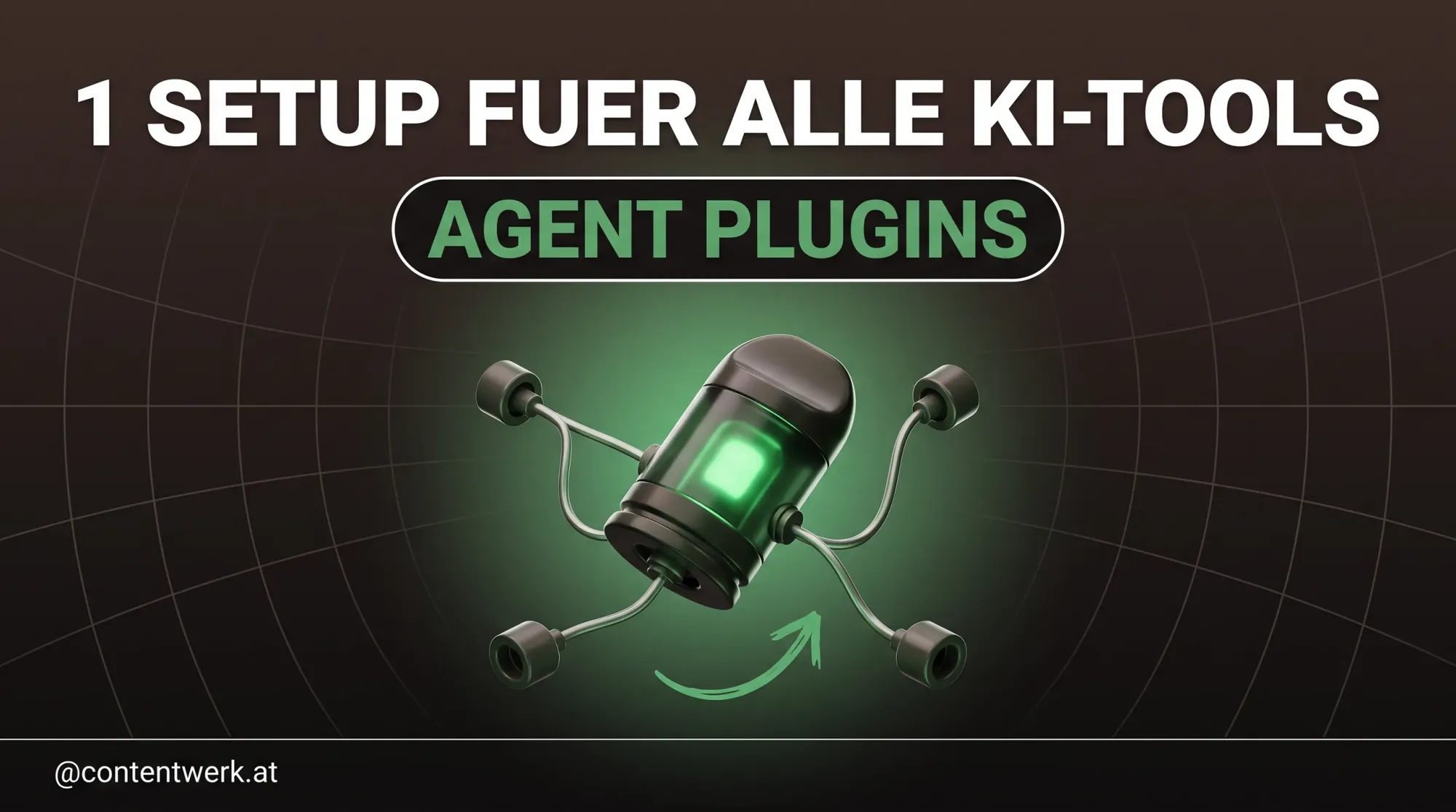 Agent Plugins Grafik: ein Plugin-Modul verbindet sich mit vier KI-Tool-Anschluessen ringsum
